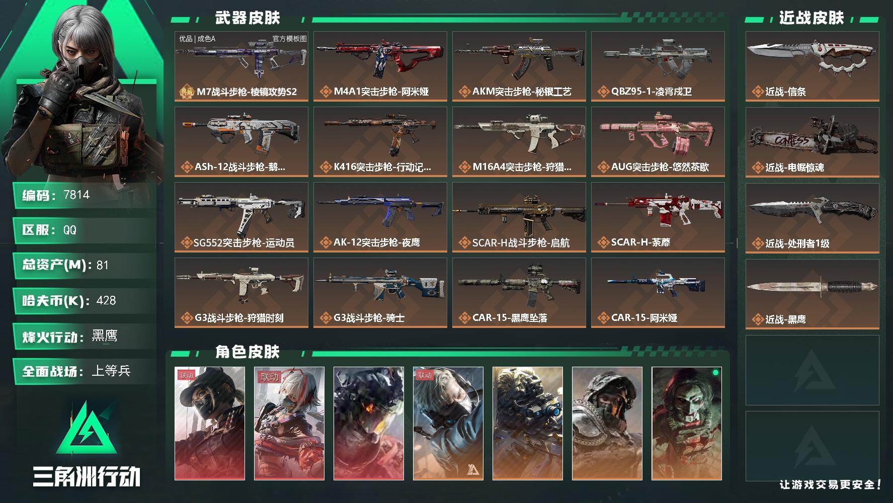 三角洲行动账号QQ总资产(M)：81M/哈夫币(K)：428K/哈夫币(K)：428K/传说枪皮数：46/全面战场等级：41_段位：上等兵/烽火地带等级：60_段位：黑鹰/露娜-黑·天际线/骇爪-维什戴尔/威龙-凌霄戍