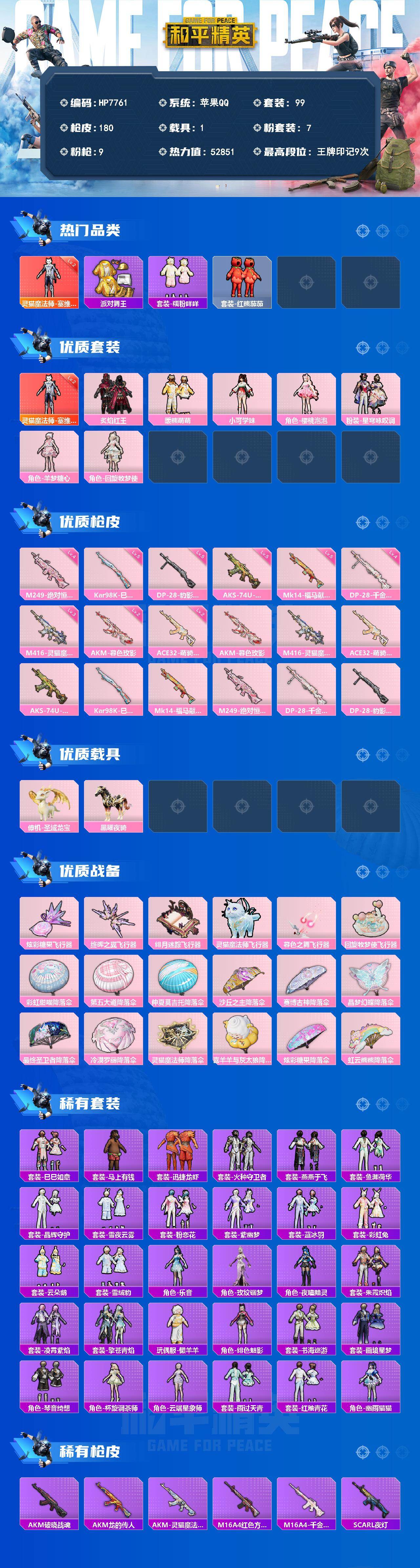 和平精英账号苹果QQ1载具-99套装-180枪皮-公主号-塞维尔二级/金鞋/糯粉咩咩/红熊茄茄/炙焰红王/暖熊萌萌/小可学妹/樱桃泡泡/星穹咏叹调/羊梦糖心/回旋牧梦使/AK暮色玫影二级/M4灵猫魔法师三级/ACE32萌
