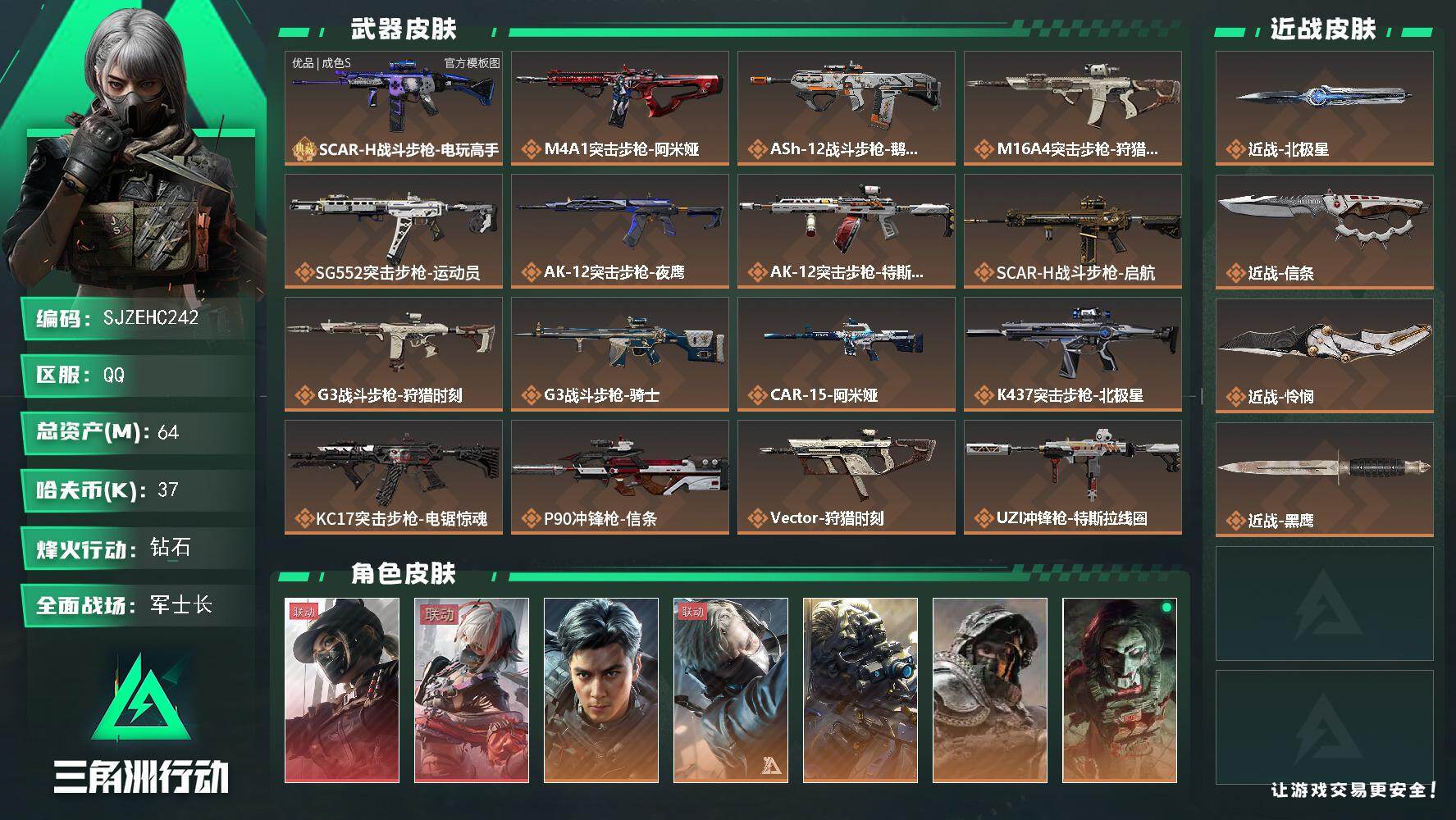 三角洲行动账号QQ【SJZEHC242】DHC82666-3刀皮-1典藏枪皮-2红皮-6金皮
64m总资产-37k哈夫