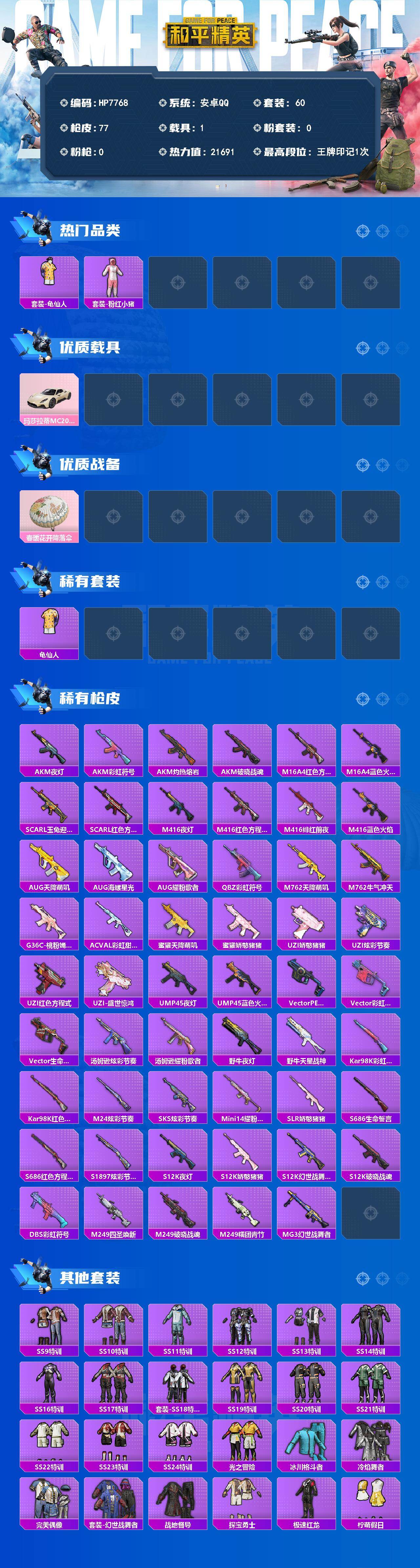 和平精英账号安卓QQ1载具-60套装-77枪皮-（1载具）粉红小猪/玛莎拉蒂星石白/没战神框/HP7768-0粉色飞行器-21691热力值-1王牌印记-60套装-77枪皮
【热门品类】：套装-龟仙人，套装-粉红小猪
【粉