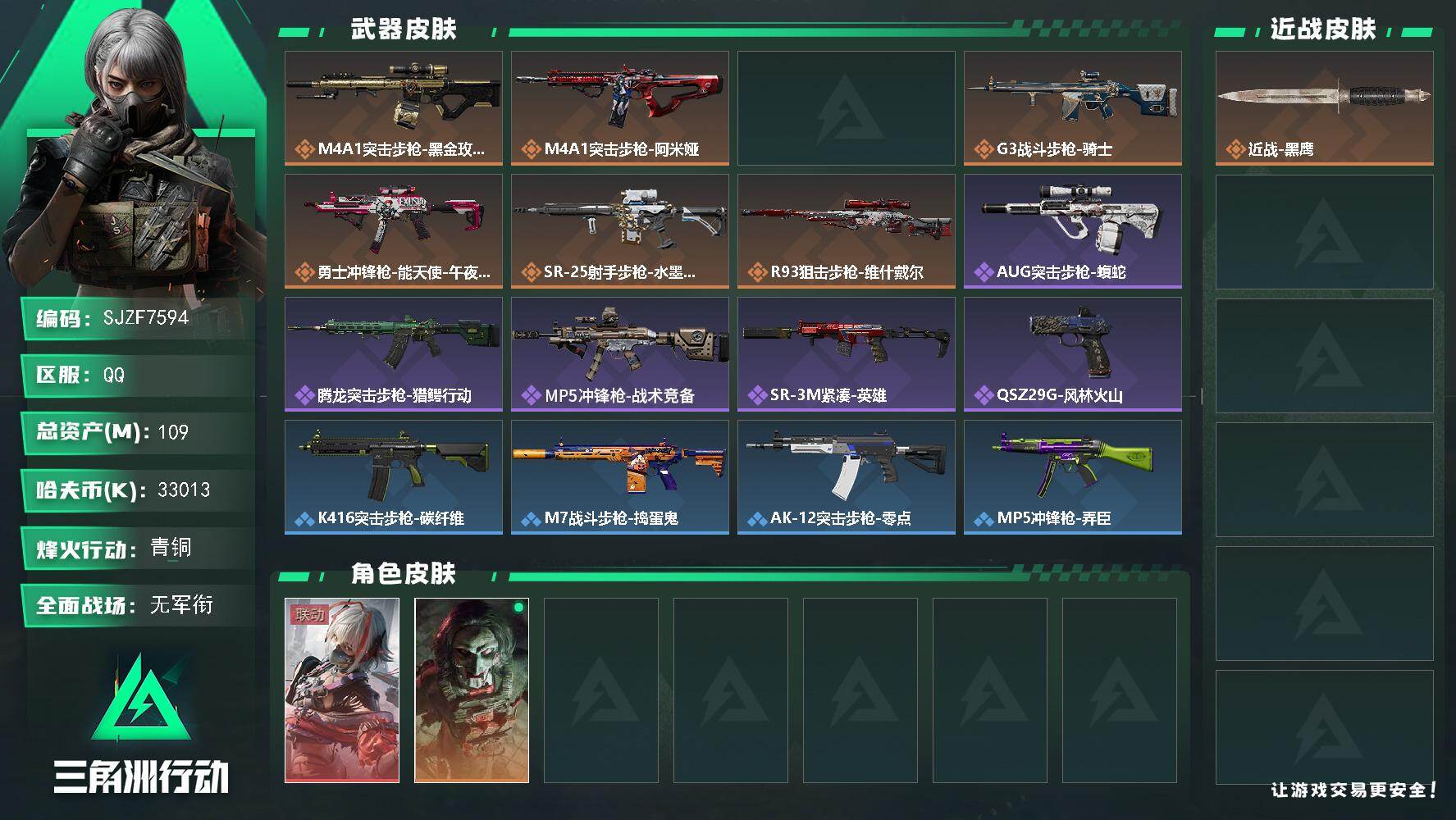 三角洲行动账号QQ【SJZF7594】总资产(M)：109M/哈夫币(K)：33013K/哈夫币(K)：33013K/传说枪皮数：7/全面战场等级：1_段位：无段位/烽火地带等级：56_段位：青铜/骇爪-维什戴尔/红