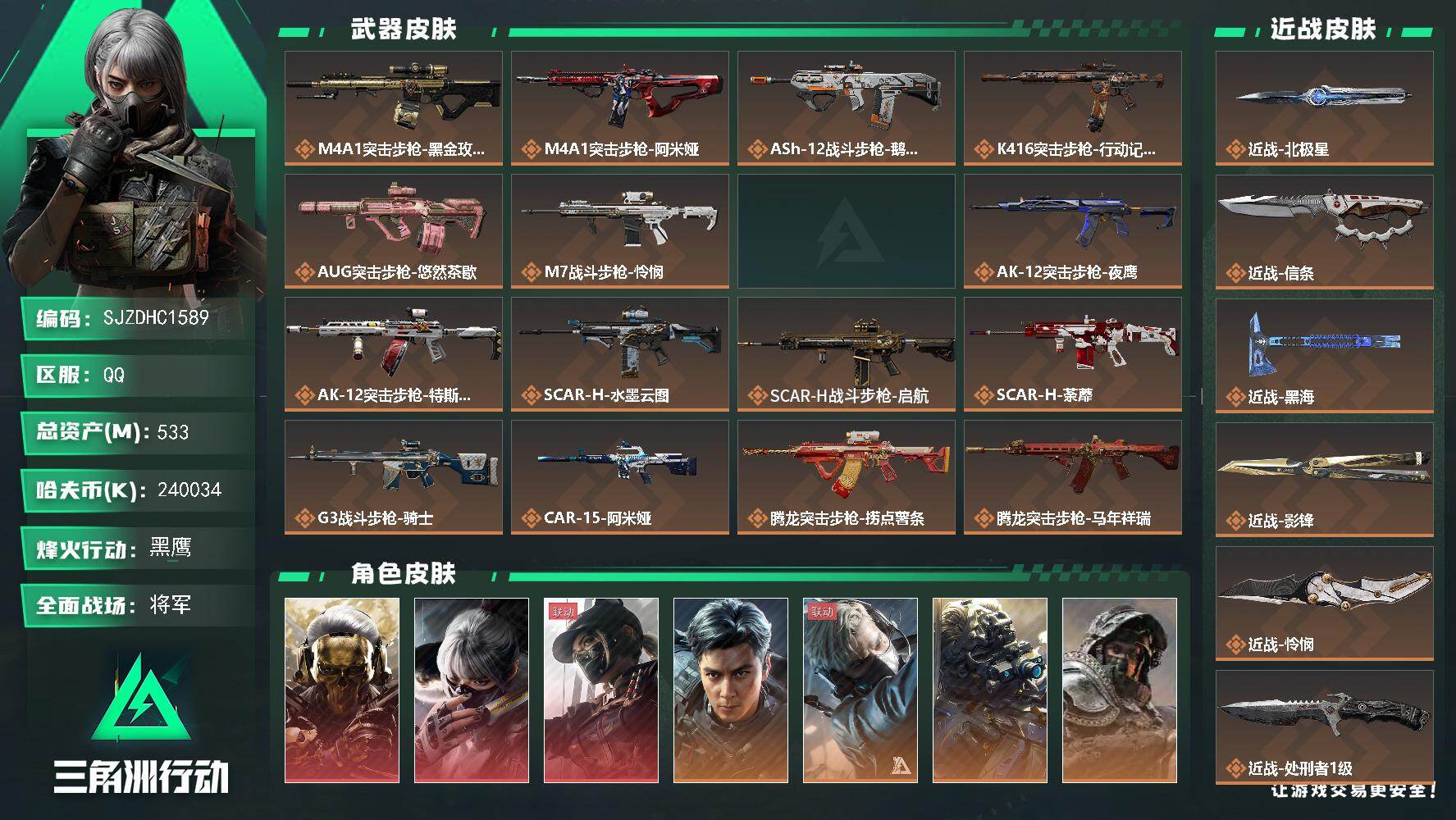 三角洲行动账号QQ【SJZDHC1589】DHC60327  收藏室非洲之心 533m总资产-240034k哈夫币-6