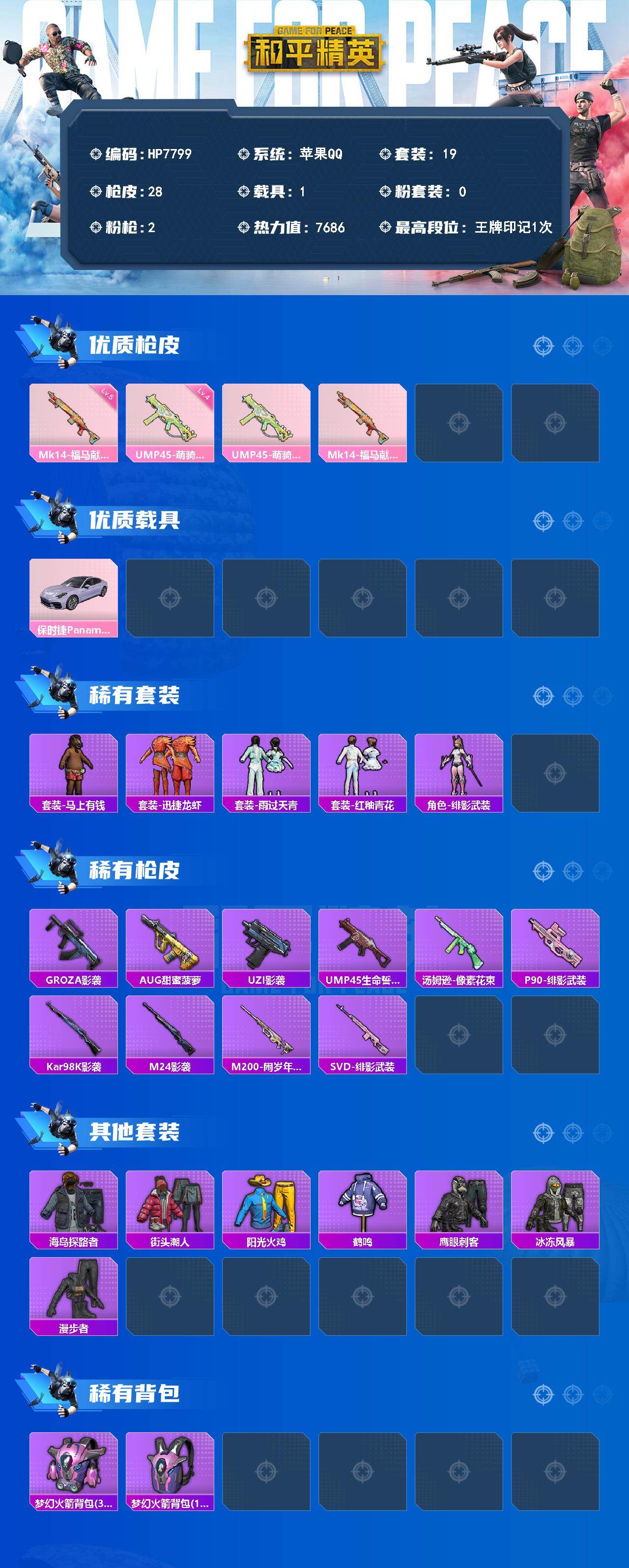 和平精英账号苹果QQ1载具-19套装-28枪皮-（2粉枪1载具）UMP45萌骑冒险四级/Mk14福马献瑞五级/保时捷星辰紫/没战神框/HP7799-0粉色飞行器-7686热力值-1王牌印记-19套装-28枪皮
【粉色枪皮