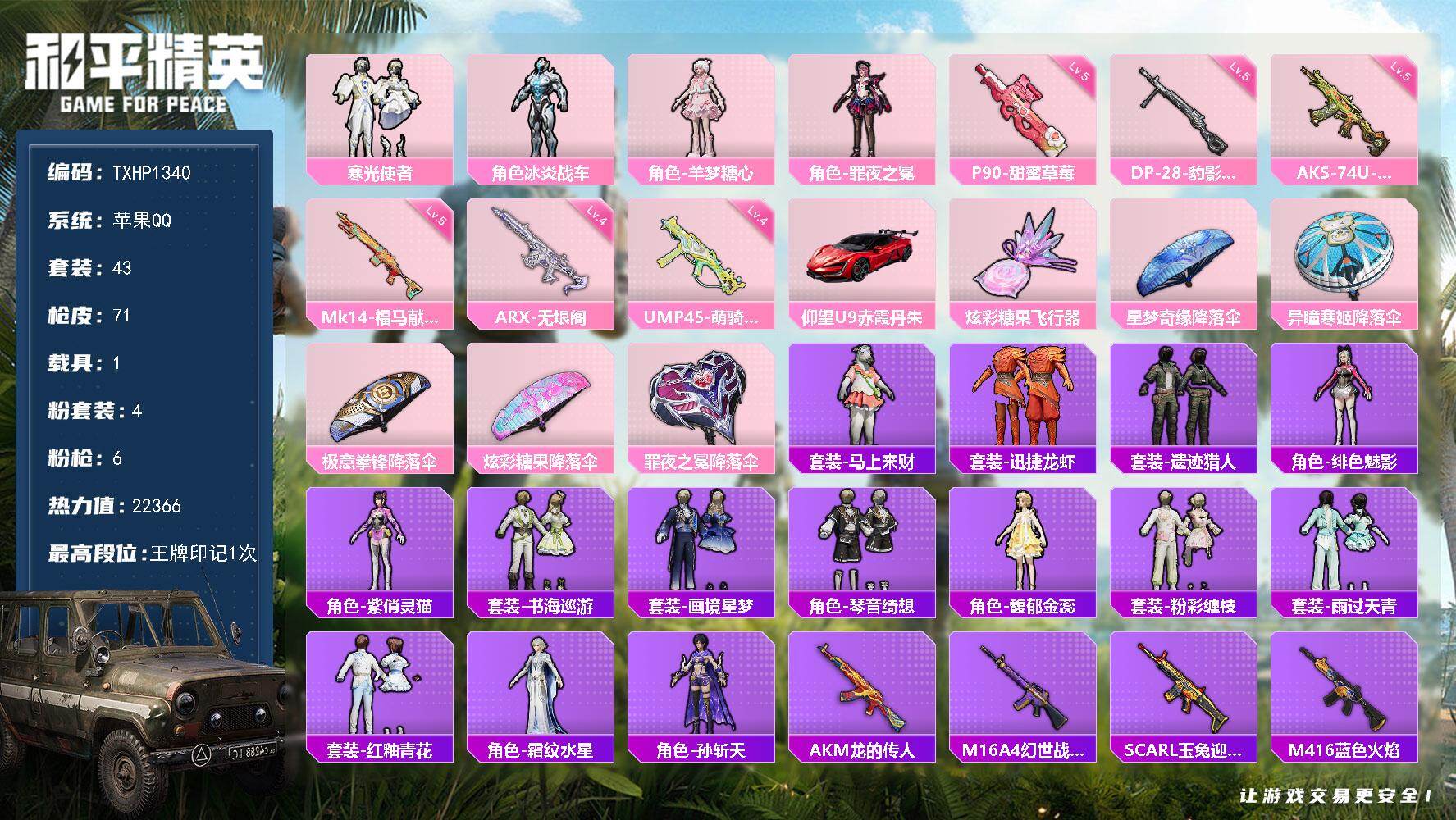 和平精英账号苹果QQ【TP1340】苹果 手Q-4粉装-6特效枪-1载具-1粉色飞行器-22366热力值-1王牌印记-4