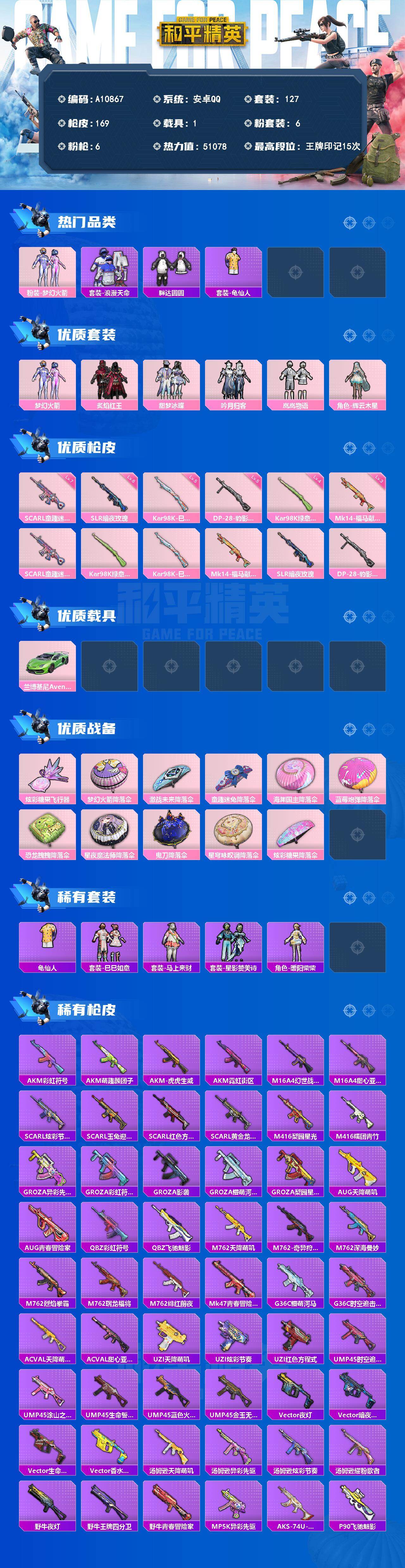 和平精英账号安卓QQ【A10867】粉装6/粉枪6/载具1/珍稀飞行器130245/套装127/枪皮169/热力值51078/历史最高段位:王牌印记15次/Lv:61/七级SCAR-L-童趣迷兔/四级Kar98K-绿意