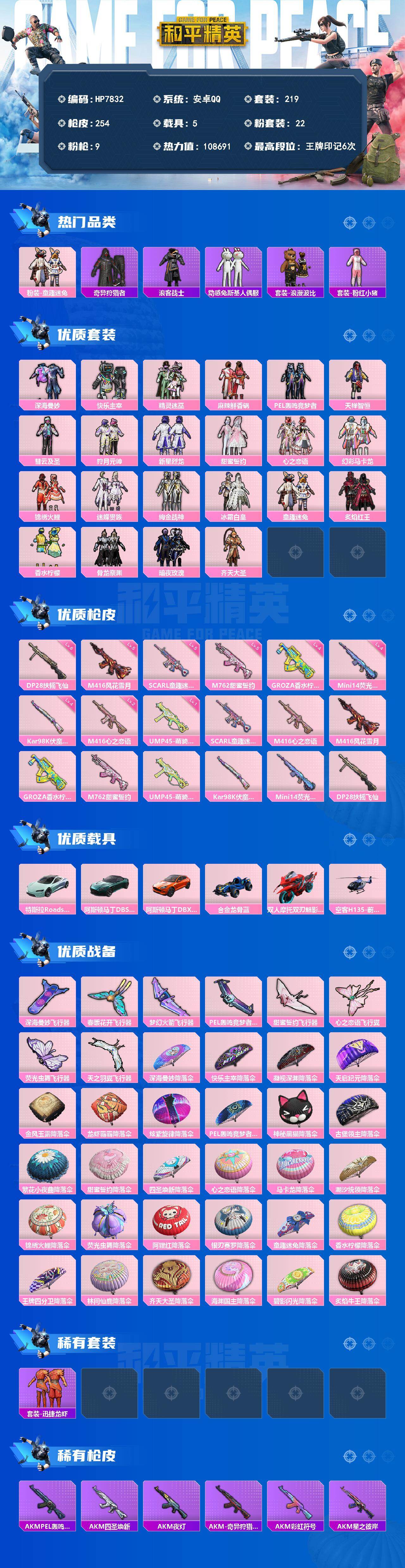 和平精英账号安卓QQ5载具-219套装-254枪皮-（22粉套9粉枪5载具）深海曼妙/快乐主宰/精灵迷巫/麻辣鲜香锅/PEL轰鸣竞梦者/天禅智恒/彗云及圣/狩月元帅/新星烈龙/甜蜜誓约//SCARL童趣迷兔五级/M416