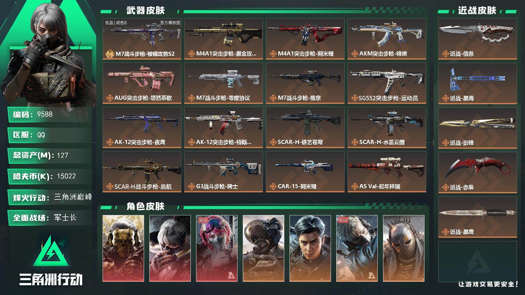 三角洲行动账号QQ【9588】127m总资产-15022k哈夫币-60烽火等级-三角洲巅峰-50战场等级-军士长
【干员外观】：红狼-蚀金玫瑰，骇爪-水墨云图，蛊-能天使午夜邮差，威龙-壮志凌云，威龙-飞虎，蜂医-送葬