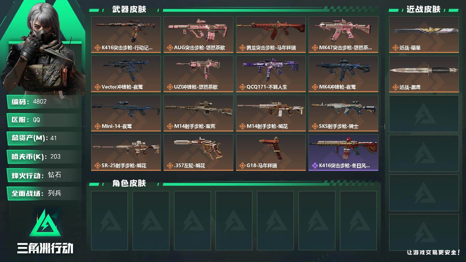 三角洲行动账号QQPX_2562125-41m总资产-203k哈夫币-55烽火等级-钻石-9战场等级-列兵
【近战皮肤】：近战-暗星，近战-黑鹰
【传说外观】：K416突击步枪-行动记录，AUG突击步枪-悠然