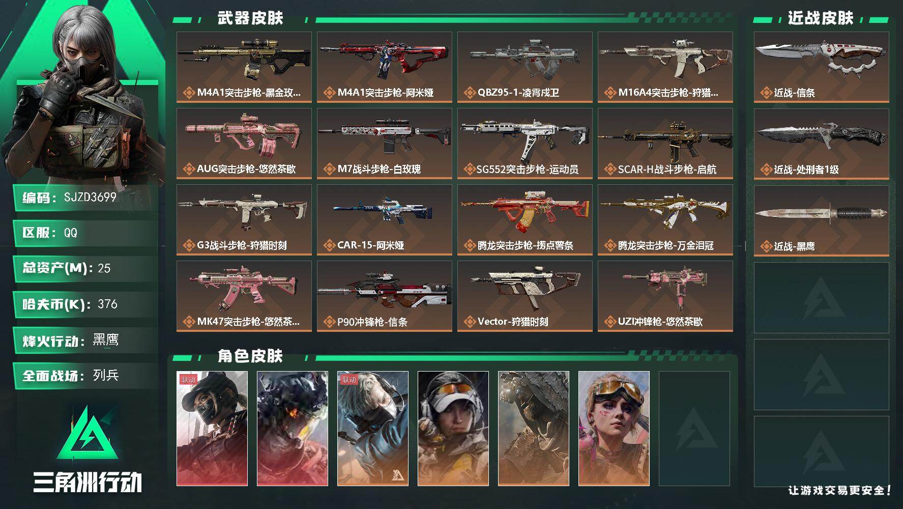 三角洲行动账号QQ【SJZD3699】总资产(M)：25M/哈夫币(K)：376K/哈夫币(K)：376K/传说枪皮数：27/全面战场等级：14_段位：列兵/烽火地带等级：60_段位：黑鹰/露娜-黑·天际线/威龙-凌