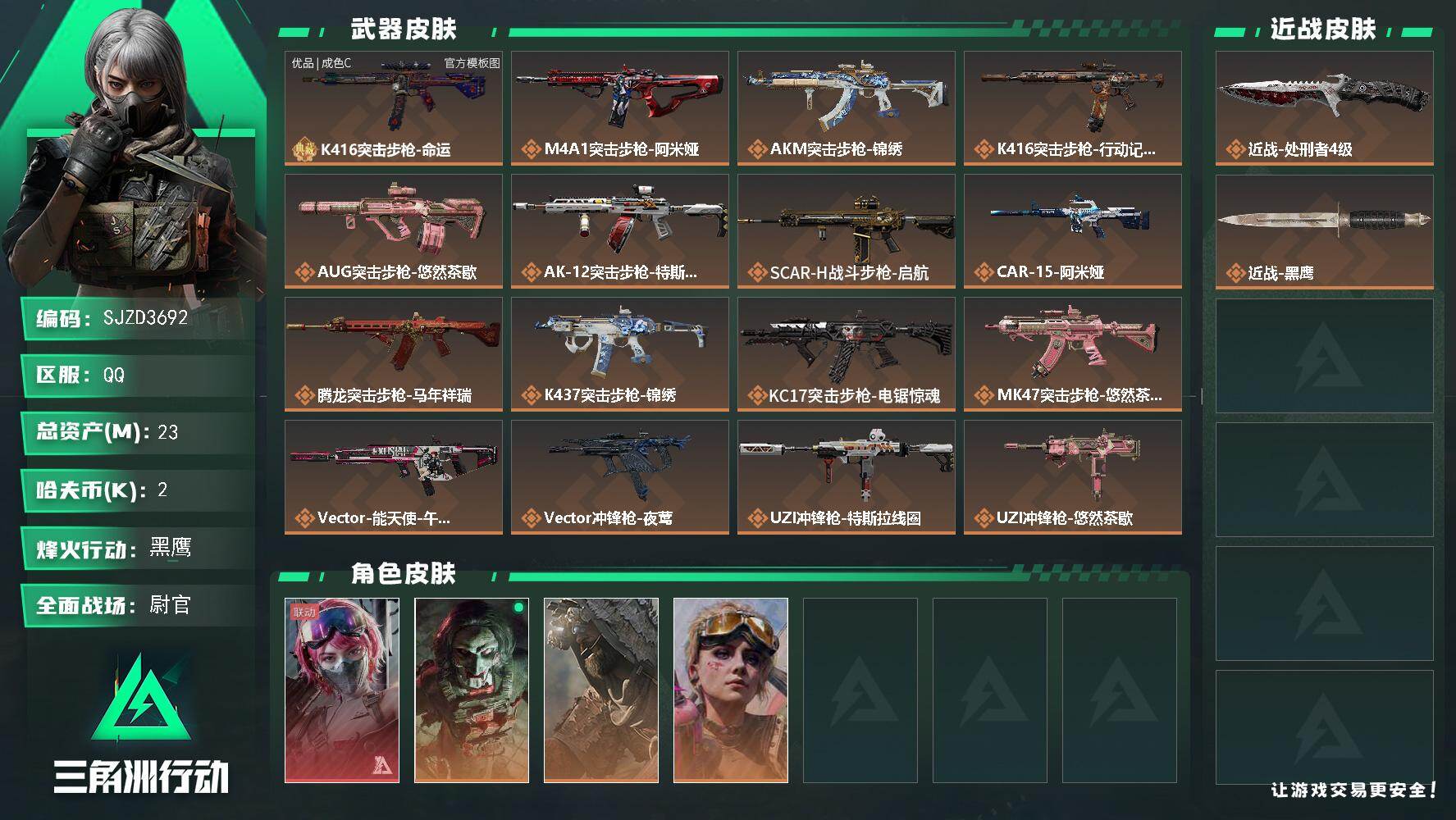 三角洲行动账号QQ【SJZD3692】总资产(M)：23M/哈夫币(K)：2K/哈夫币(K)：2K/传说枪皮数：27/