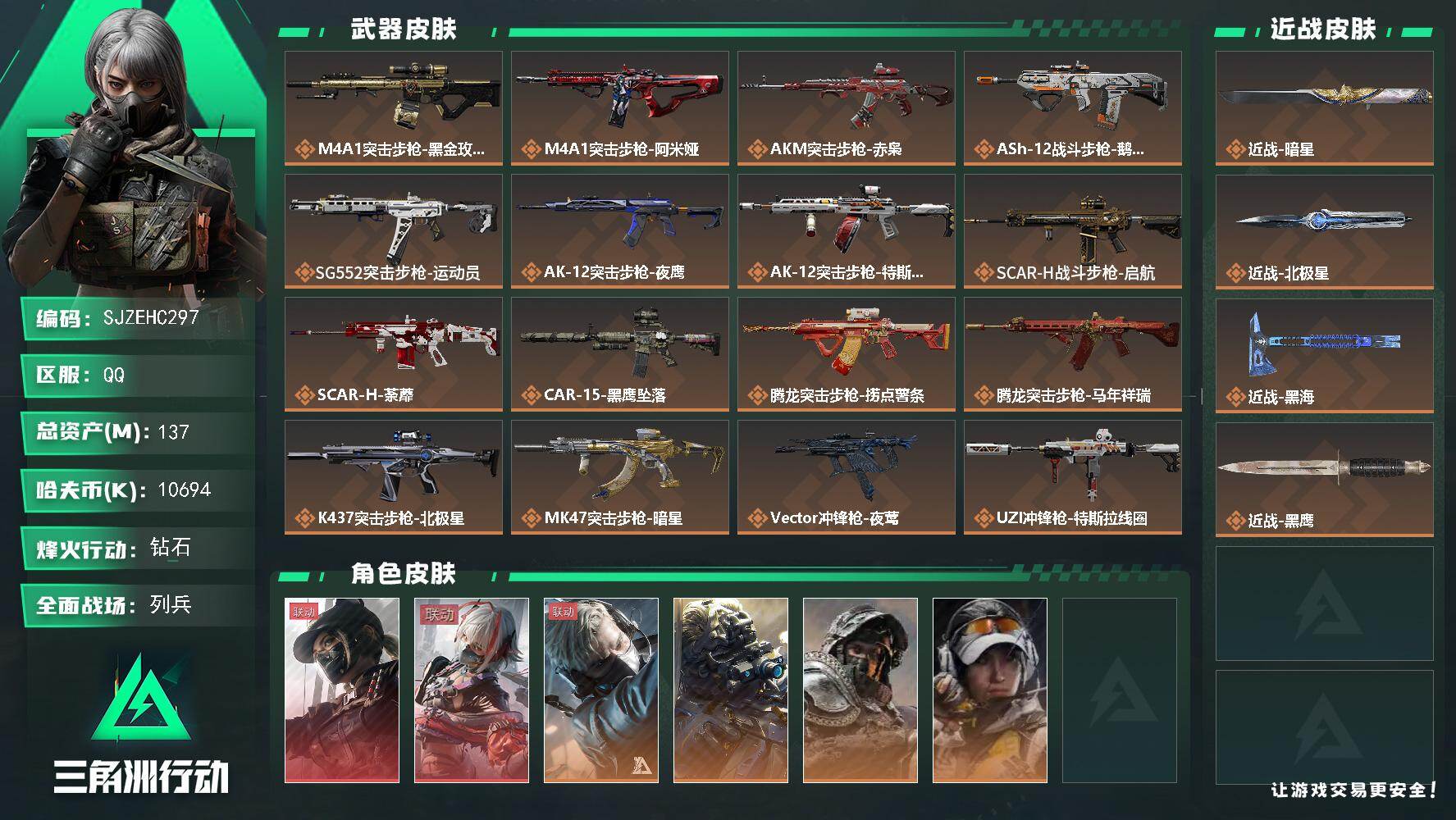 三角洲行动账号QQ【SJZEHC297】DHC82599-3刀皮-2红皮-4金皮
137m总资产-10694k哈夫币-