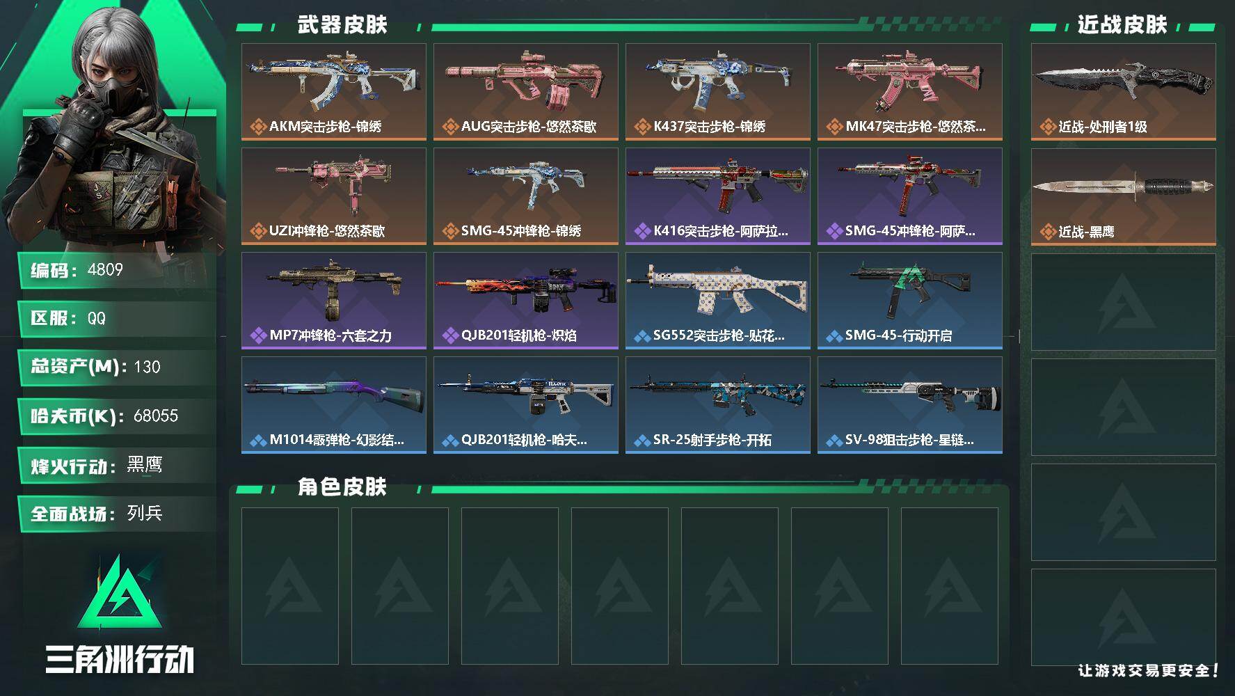 三角洲行动账号QQPX_2562252-130m总资产-68055k哈夫币-53烽火等级-黑鹰-20战场等级-列兵
【近战皮肤】：近战-处刑者1级，近战-黑鹰
【传说外观】：AKM突击步枪-锦绣，AUG突击步