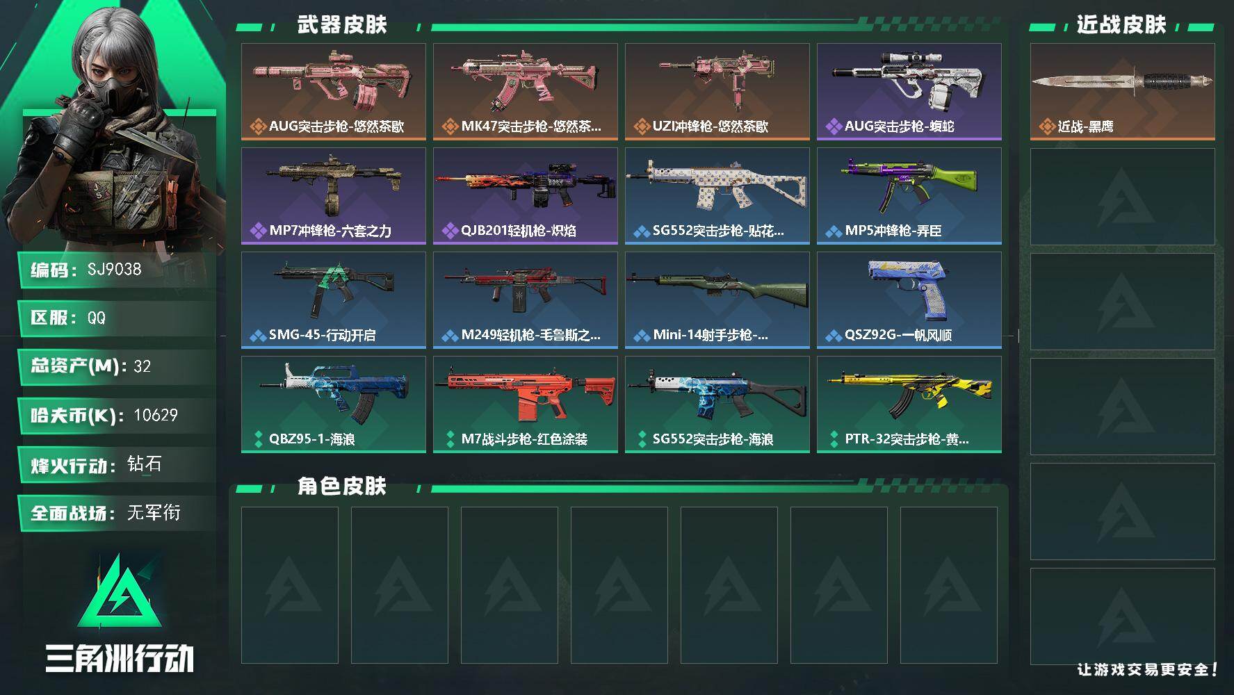 三角洲行动账号QQ【SJ9038】总资产(M)：32M/哈夫币(K)：10629K/哈夫币(K)：10629K/传说枪皮数：3/全面战场等级：1_段位：无段位/烽火地带等级：43_段位：钻石/近战-黑鹰/AUG突击步