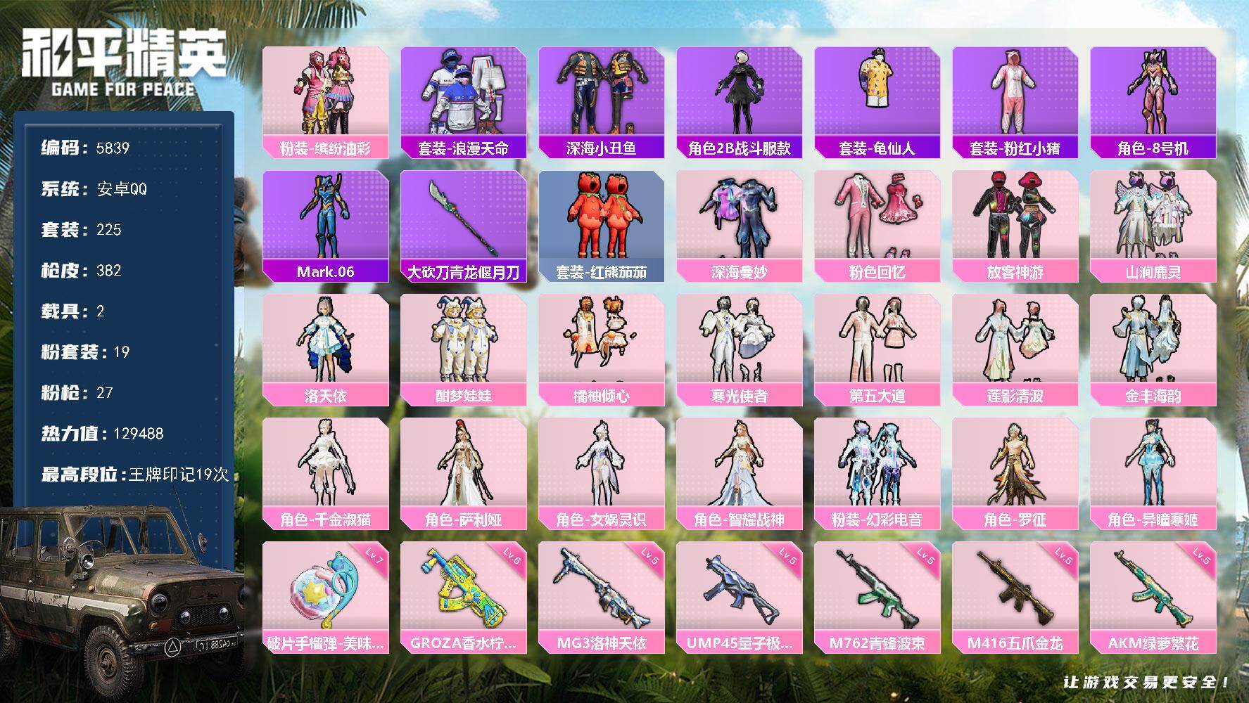 和平精英账号安卓QQ2载具-225套装-382枪皮-粉装19/粉枪27/载具2/珍稀飞行器,,,72237,72265,72272,87700,72317,,,,,,,,,/套装225/枪皮382/热力值/历史最高段位: