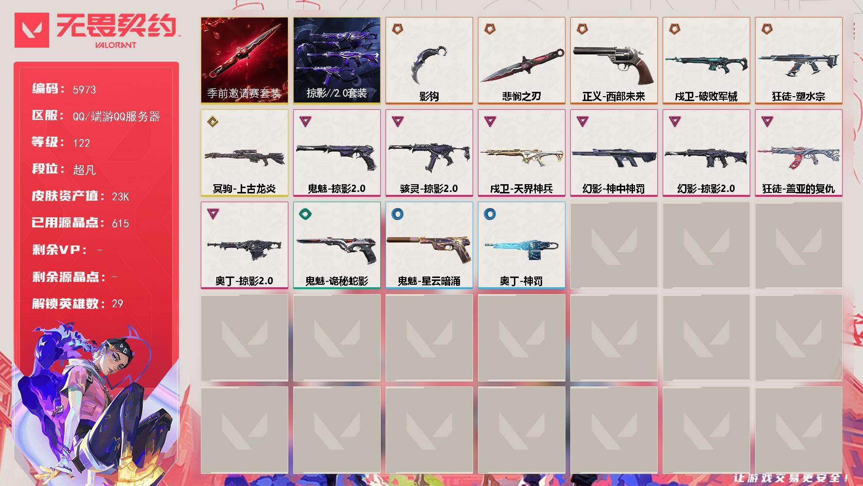 无畏契约账号QQLV等级122/皮肤总价值23240/段位超凡/总皮肤数量21/刀皮数量2/枪皮数量19/套装数量2/具体详情请看图/无畏契约季前邀请赛套装/掠影//2.0套装/幻棱/炼狱/维斯/暮蝶/钛狐/壹决/铁