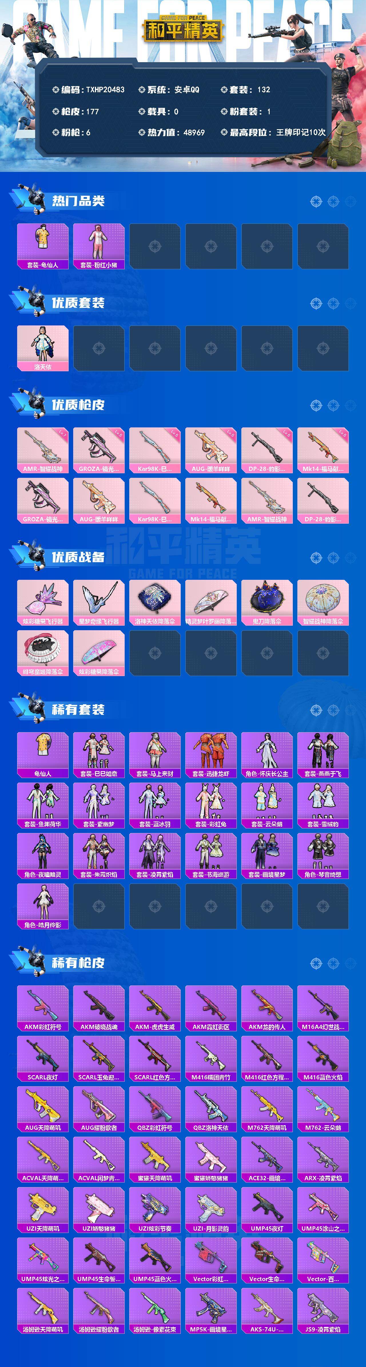 和平精英账号安卓QQ0载具-132套装-177枪皮-【TXHP20483】安卓 手Q-1粉装-6特效枪-0载具-2粉色飞行器-48969热力值-10王牌印记-132套装-177枪皮
【热门品类】：套装-龟仙人，套装-粉红