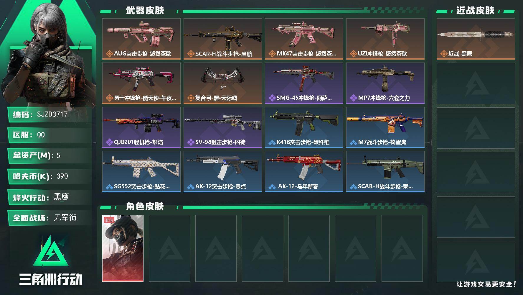 三角洲行动账号QQ【SJZD3717】总资产(M)：5M/哈夫币(K)：390K/哈夫币(K)：390K/传说枪皮数：6/全面战场等级：3_段位：无段位/烽火地带等级：44_段位：黑鹰/露娜-黑·天际线/近战-黑鹰/