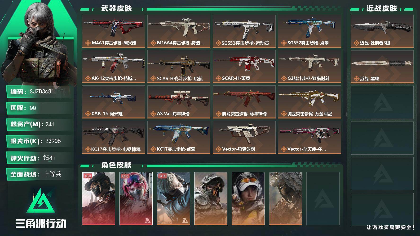 三角洲行动账号QQ【SJZD3681】总资产(M)：241M/哈夫币(K)：23908K/哈夫币(K)：23908K/传说枪皮数：29/全面战场等级：20_段位：上等兵/烽火地带等级：60_段位：钻石/露娜-黑·天际