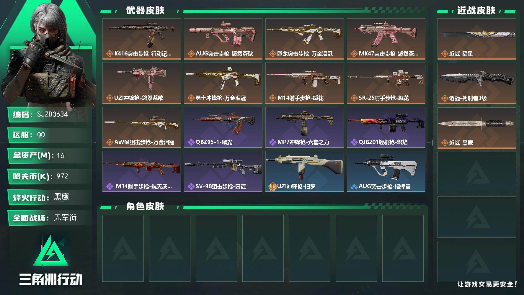 三角洲行动账号QQ【SJZD3634】总资产(M)：16M/哈夫币(K)：972K/哈夫币(K)：972K/传说枪皮数：9/全面战场等级：2_段位：无段位/烽火地带等级：60_段位：黑鹰/近战-暗星/近战-处刑者3级
