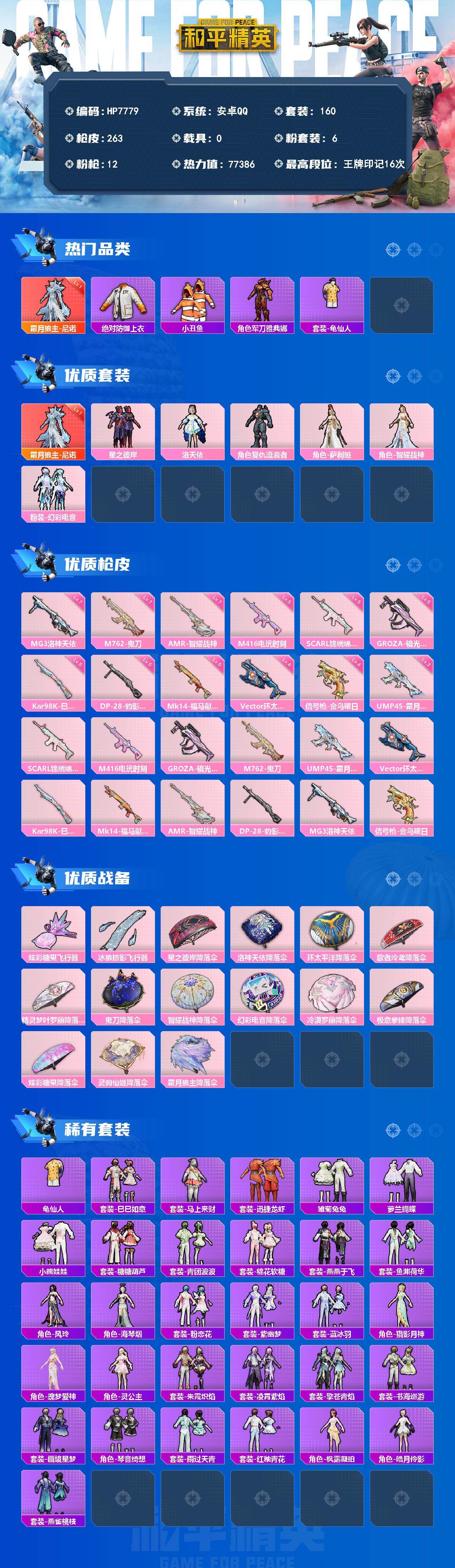 和平精英账号安卓QQ0载具-160套装-263枪皮-安卓 手地铁满天赋-尼诺一级/绝对防御上衣/小丑鱼/军刀雅典娜/龟仙人/星之彼岸/洛天依/复仇流浪者/萨利娅/智耀战神/粉装幻彩电音/UMP45霜月狼主三级/SCARL