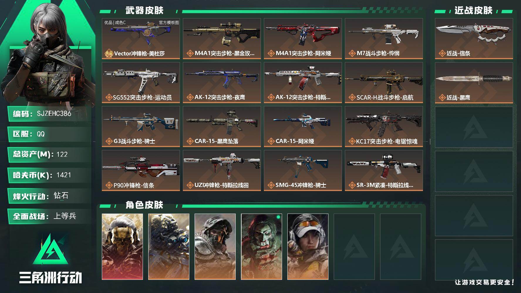 三角洲行动账号QQ【SJZEHC386】DHC42677 122m总资产-1421k哈夫币-60烽火等级-钻石-47战