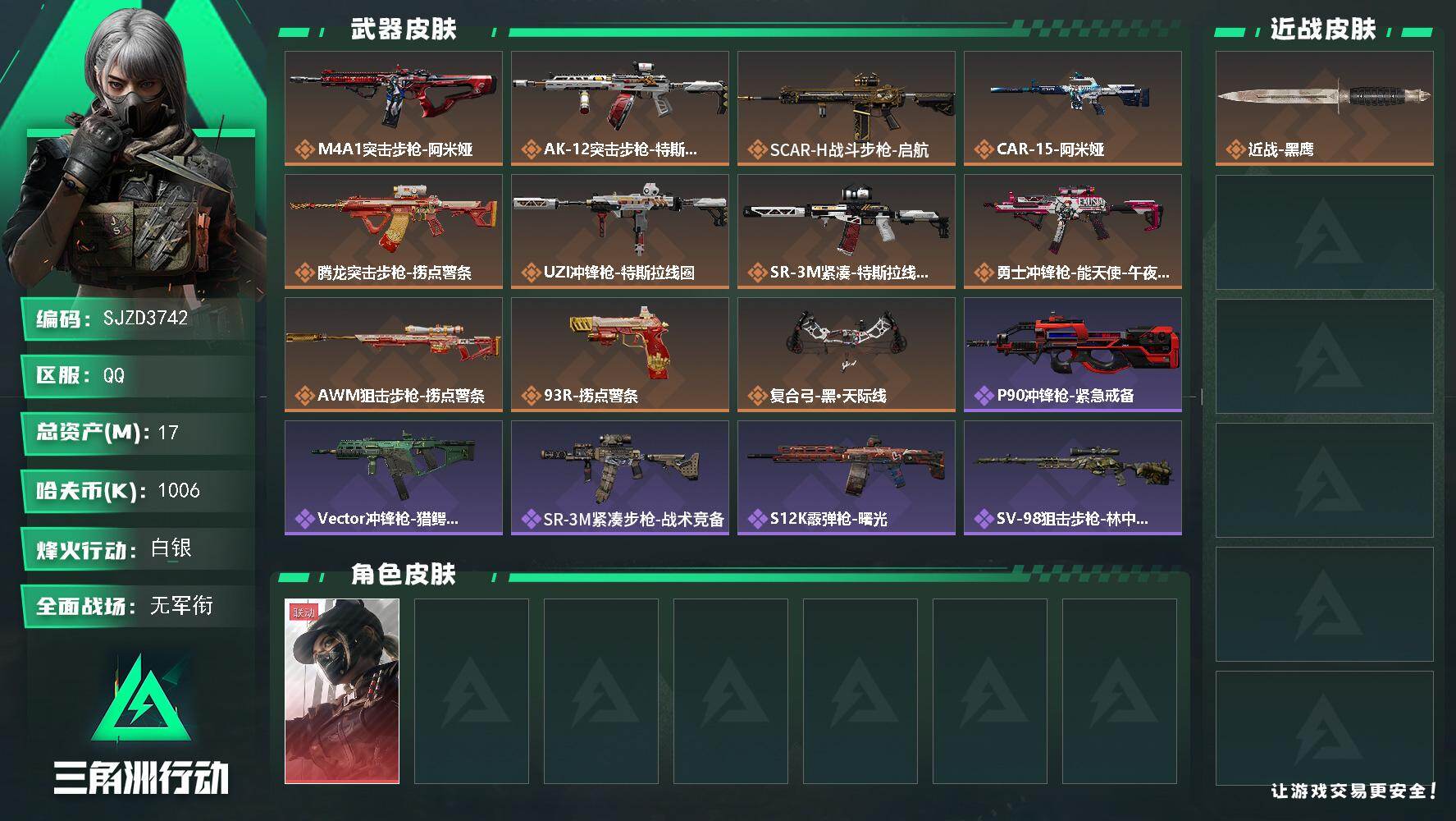 三角洲行动账号QQ【SJZD3742】总资产17M/哈夫币100万/传说枪皮数11/战场等级1/行动等级40/安全箱等时效性道具以游戏内数据为准，详情请看图/露娜-黑·天际线/近战-黑鹰/M4A1突击步枪-阿米娅/A