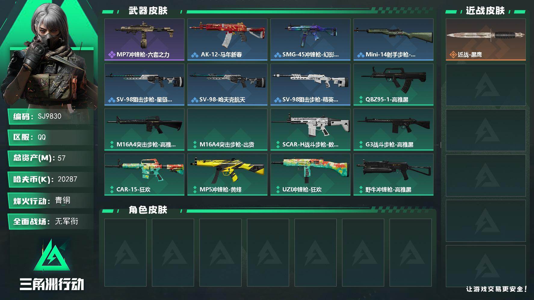 三角洲行动账号QQ【SJ9830】总资产57M/哈夫币2028万/战场等级1/行动等级33/安全箱等时效性道具以游戏内数据为准，详情请看图/近战-黑鹰/MP7冲锋枪-六套之力/ AK-12突击步枪-马年新春/SMG-