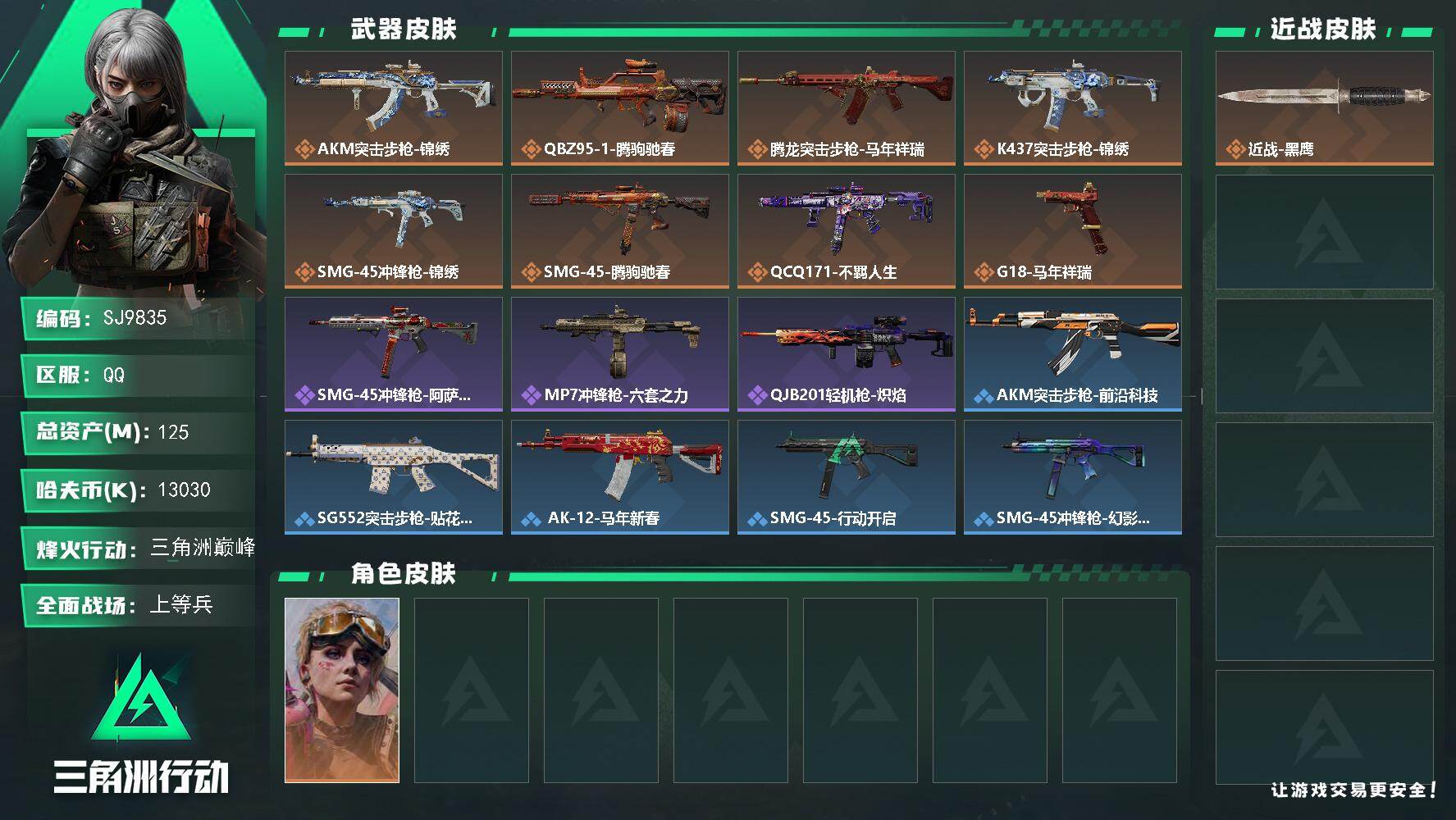 三角洲行动账号QQ【SJ9835】总资产125M/哈夫币1303万/传说枪皮数8/战场等级14/行动等级60/安全箱等时效性道具以游戏内数据为准，详情请看图/蛊-不羁人生/近战-黑鹰/AKM突击步枪-锦绣/QBZ95