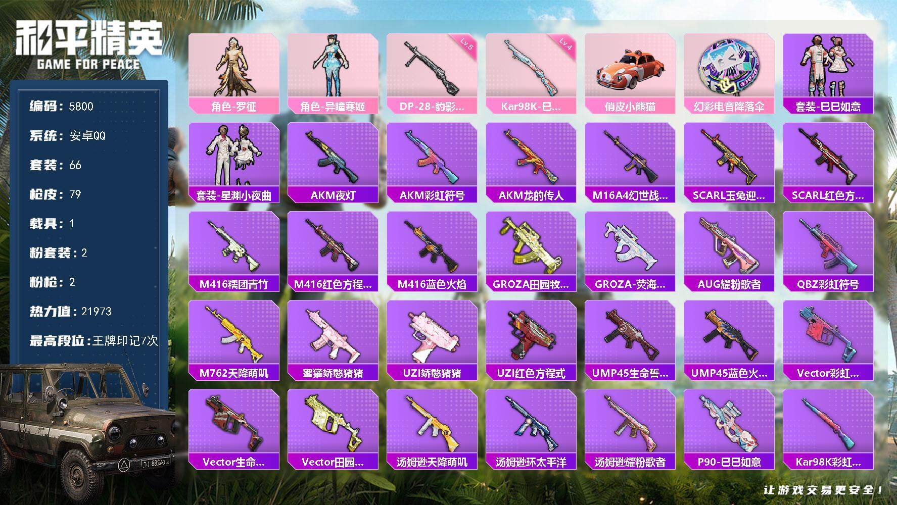 和平精英账号安卓QQ1载具-66套装-79枪皮-粉装2/粉枪2/载具1/套装66/枪皮79/热力值21973/历史最高段位:王牌印记7次/Lv:59/四级Kar98K-巳巳如意/五级DP-28-豹影疾电/角色-罗征/角色