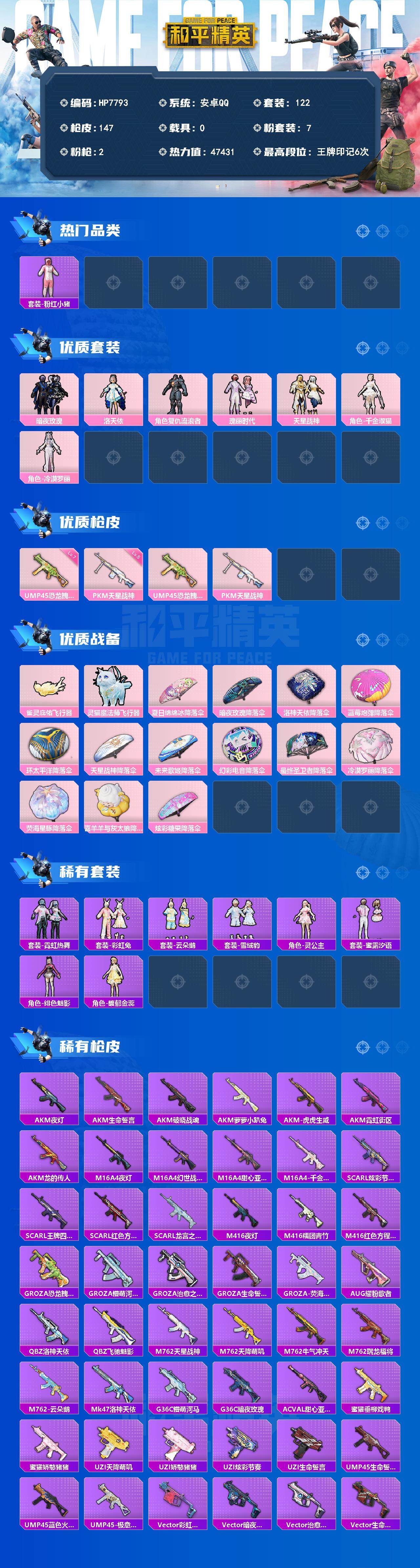 和平精英账号安卓QQ公主号-粉红小猪，暗夜玫瑰，洛天依，复仇流浪者，瑰丽时代，天星战神，千金淑猫，冷漠罗丽，UMP45恐