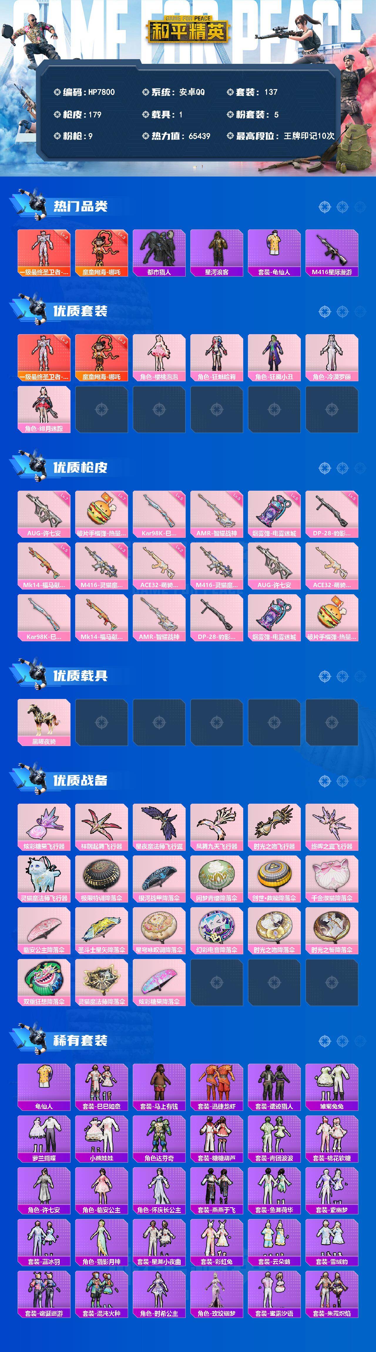 和平精英账号安卓QQ1载具-137套装-179枪皮-公主号-哪吒三级/帕修斯三级/都市/星河浪客/M4星际漫游/樱桃泡泡/狂魅哈莉/狂魇小丑/冷漠罗丽/绯月迷踪/M4灵猫魔法师三级/AUG许七安七级/ACE32萌骑漫游二