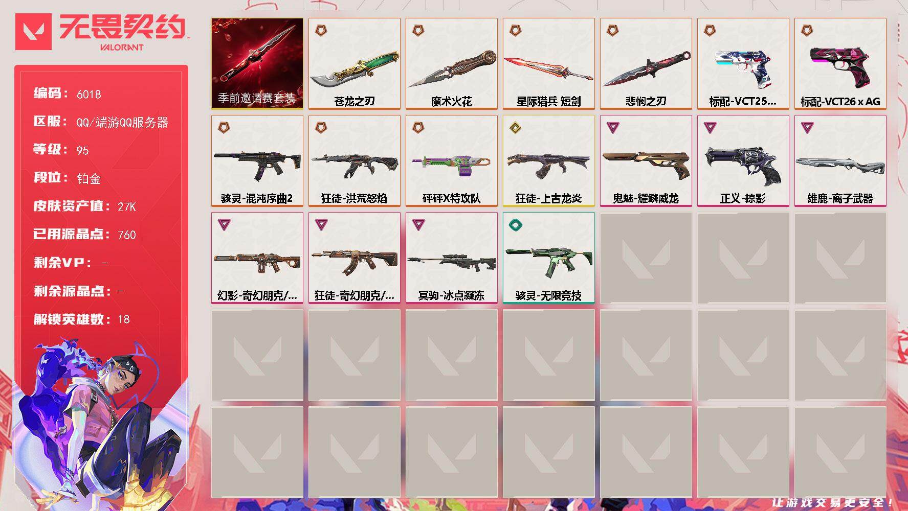 无畏契约账号QQLV等级95/皮肤总价值27620/段位铂金/总皮肤数量40/刀皮数量5/枪皮数量35/套装数量1/具体详情请看图/无畏契约季前邀请赛套装/幻棱/炼狱/暮蝶/铁臂/捷风/雷兹/幽影/不死鸟/贤者/猎枭