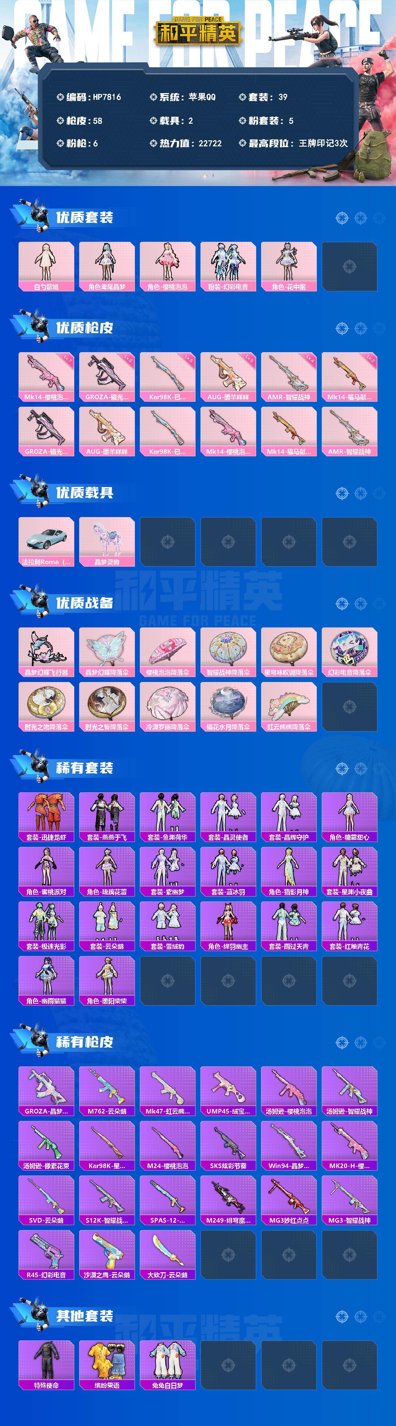 和平精英账号苹果QQ公主号-白勺歌姬/鸢尾晶梦/樱桃泡泡/幻彩电音/花中眠/狗砸镜光银凌五级/AUG暖羊咩咩五级/Mk14樱桃泡泡七级/AMR智耀战神四级/法拉利（蓝）/晶梦灵驹（5粉装-6粉枪-2载具）没战神框 HP7