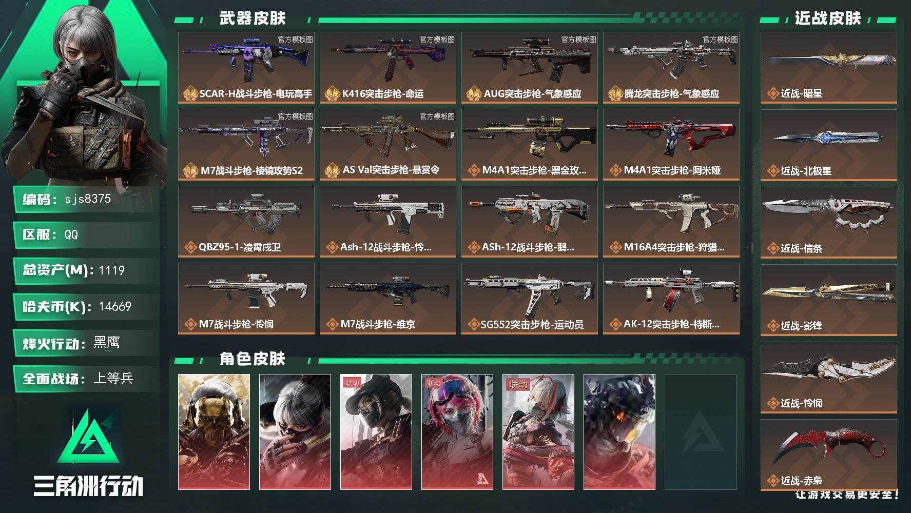 三角洲行动账号QQ【sjs8375】包人脸玩够能回血 3W三角卷特级大号6典藏2极品S 全红皮7刀皮 总资产1.1b k416极品s aug极品s 极品s粉透m7 scar-h优品c 巨浪极品b 腾龙极品b 特勤全满 