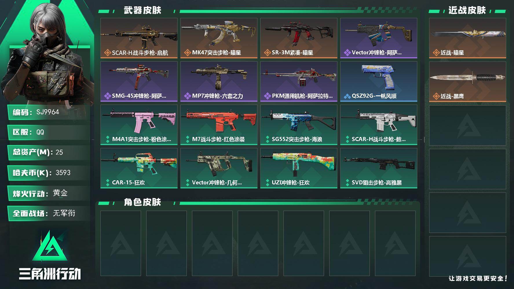 三角洲行动账号QQ【SJ9964】总资产25M/哈夫币359万/传说近战数1/传说枪皮数3/战场等级3/行动等级20/
