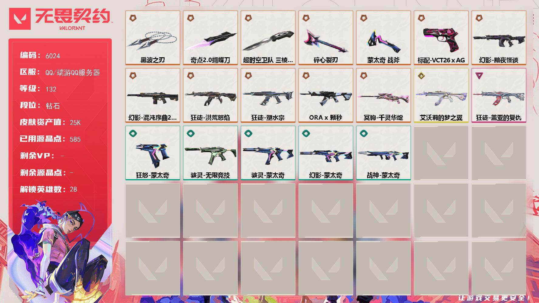 无畏契约账号QQLV等级132/皮肤总价值25250/段位钻石/总皮肤数量47/刀皮数量5/枪皮数量42/具体详情请看图/幻棱/炼狱/维斯/暮蝶/钛狐/壹决/铁臂/捷风/雷兹/幽影/不死鸟/贤者/猎枭/蝰蛇/零/芮娜