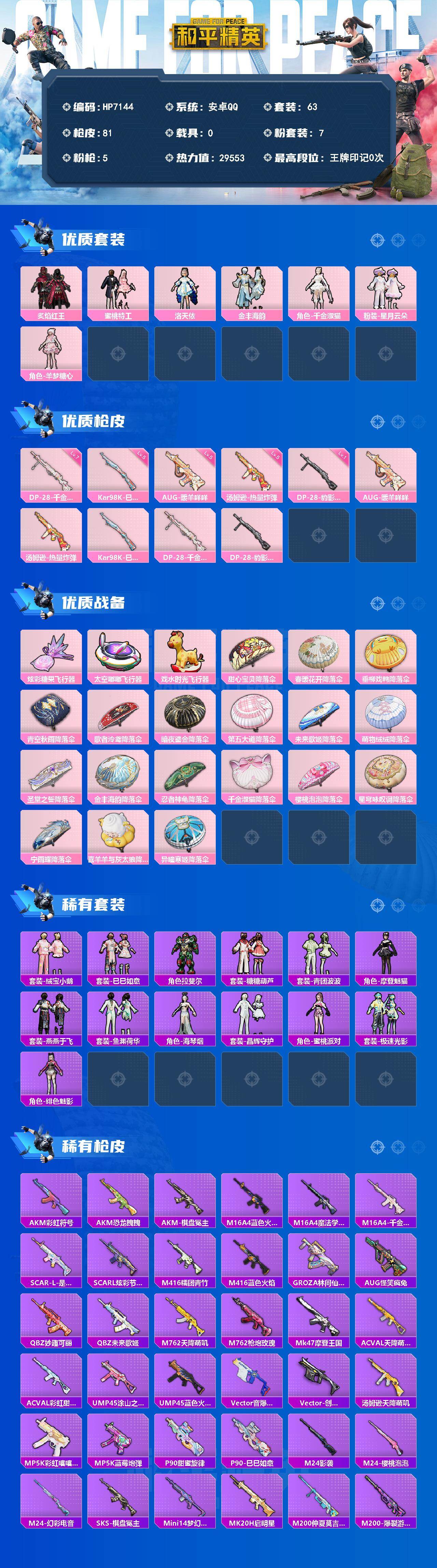 和平精英账号安卓QQ公主号-炙焰红王/蜜桃特工/洛天依/金丰海韵/千金淑猫/星月云朵/羊梦糖心/暖羊咩咩五级/汤姆逊热量