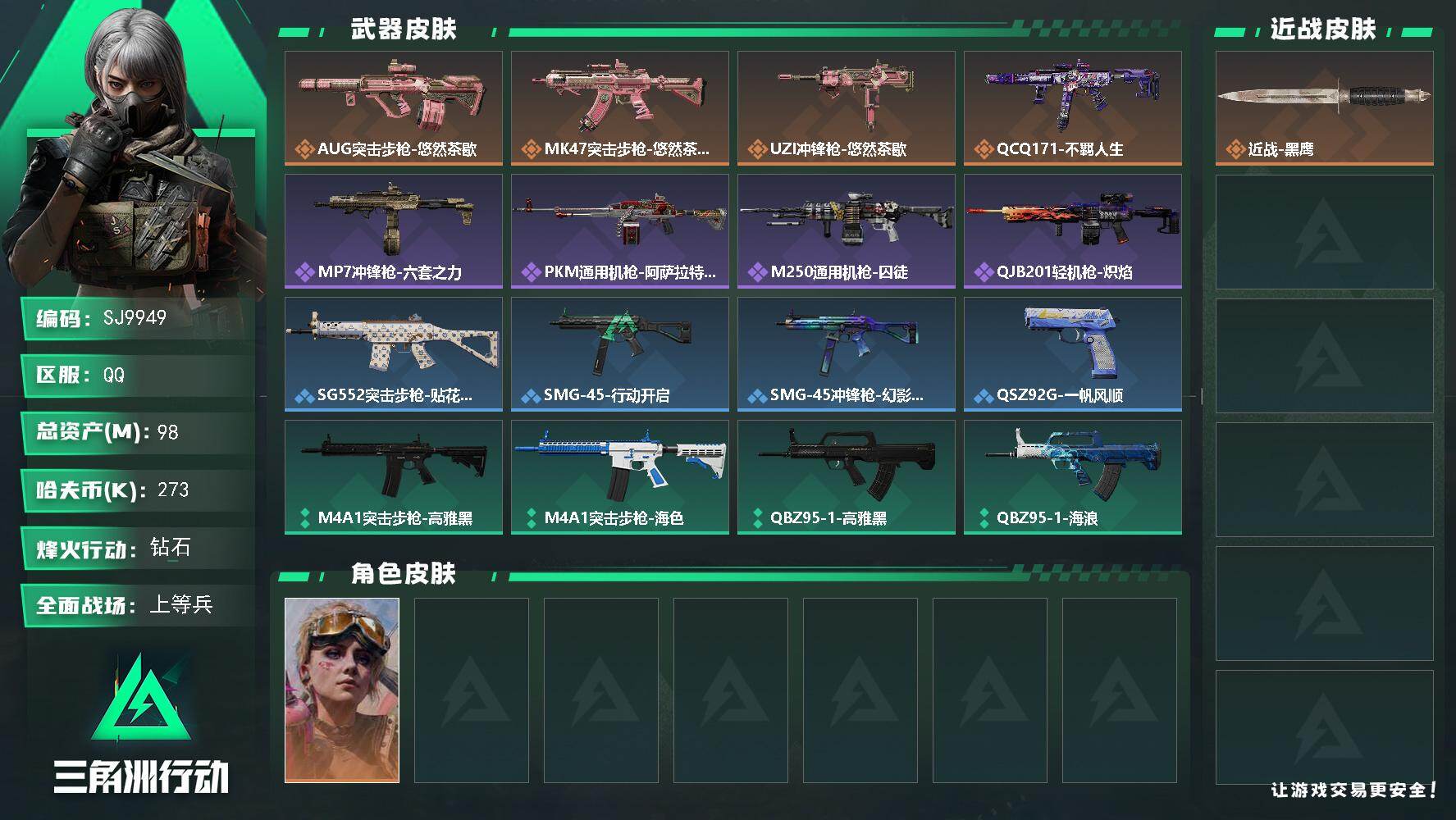 三角洲行动账号QQ【SJ9949】总资产98M/哈夫币27万/传说枪皮数4/战场等级16/行动等级51/安全箱等时效性道具以游戏内数据为准，详情请看图/蛊-不羁人生/近战-黑鹰/AUG突击步枪-悠然茶歇/MK47突击