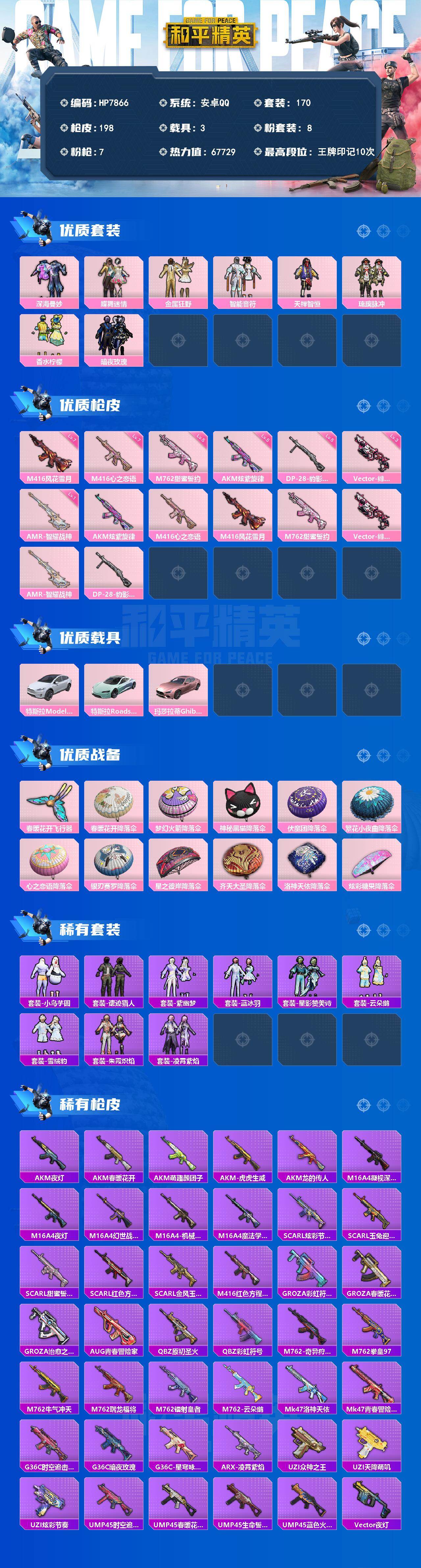 和平精英账号安卓QQ公主号-深海曼妙/蝶舞迷情/金属狂野/智能音符/天禅智恒/琉璃脉冲/香水柠檬/暗夜玫瑰/AK炫紫旋律