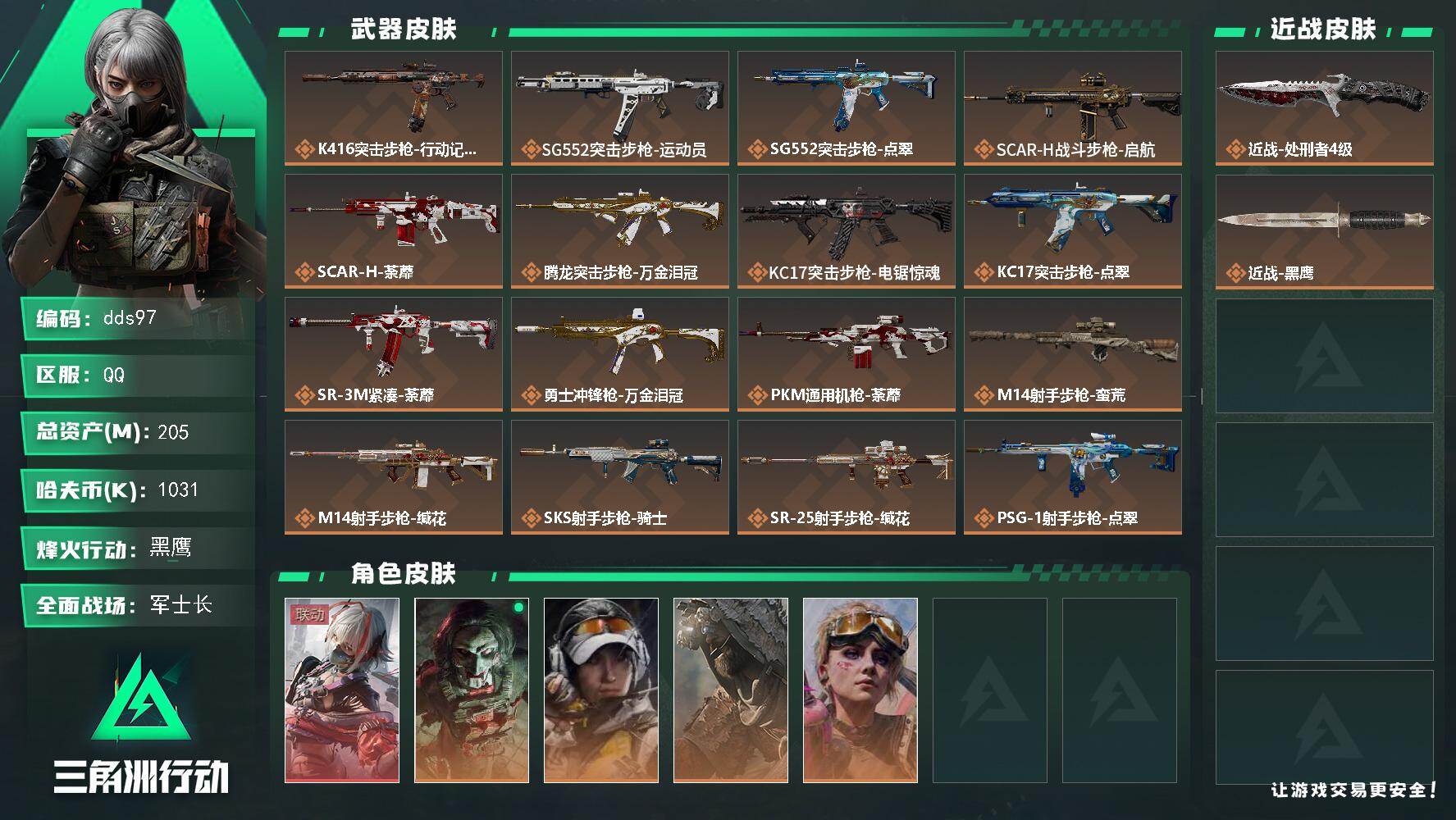 三角洲行动账号QQ205m总资产-1031k哈夫币-60烽火等级-黑鹰-26战场等级-军士长
【干员外观】：骇爪-维什戴尔，红狼-电锯惊魂，露娜-金牌射手，乌鲁鲁-荒原猎手，蛊-不羁人生
【近战皮肤】：近战-处刑者4级