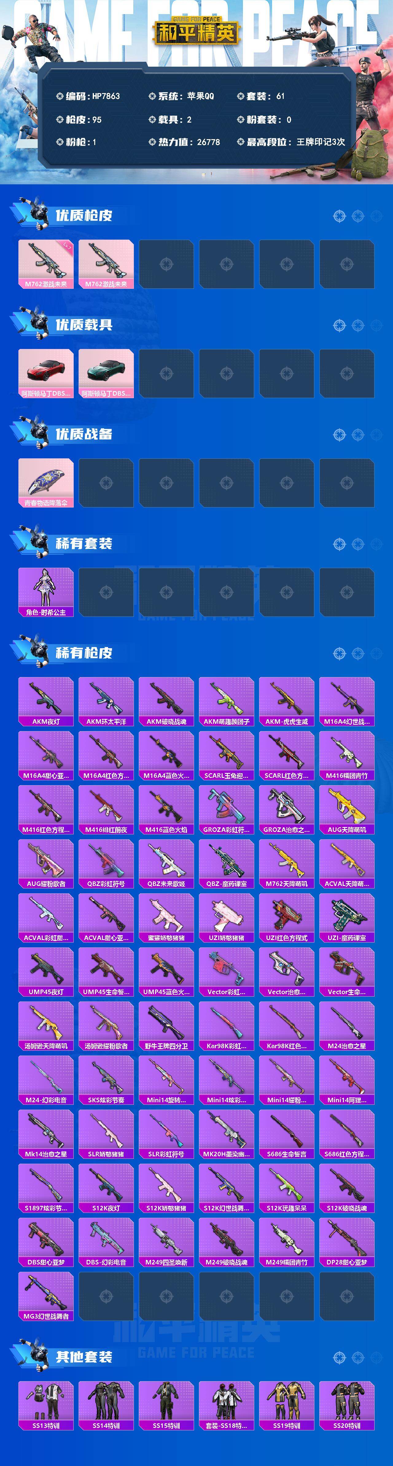 和平精英账号苹果QQ(一特效枪）-M762-激战未来七级/阿斯顿马丁（红）/阿斯顿马丁（绿）没战神框 HP7863-0粉色飞行器-26778热力值-3王牌印记-61套装-95枪皮
【粉色枪皮等级】：M762-激战未来(七