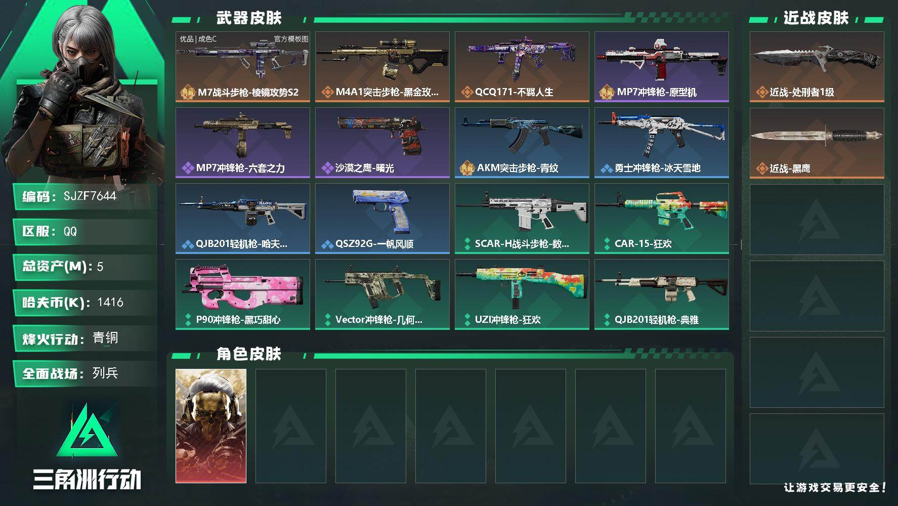 三角洲行动账号QQ【SJZF7644】总资产5M/哈夫币141万/传说近战数1/传说枪皮数3/战场等级7/行动等级18/安全箱等时效性道具以游戏内数据为准，详情请看图/红狼-蚀金玫瑰/近战-处刑者1级/近战-黑鹰/M