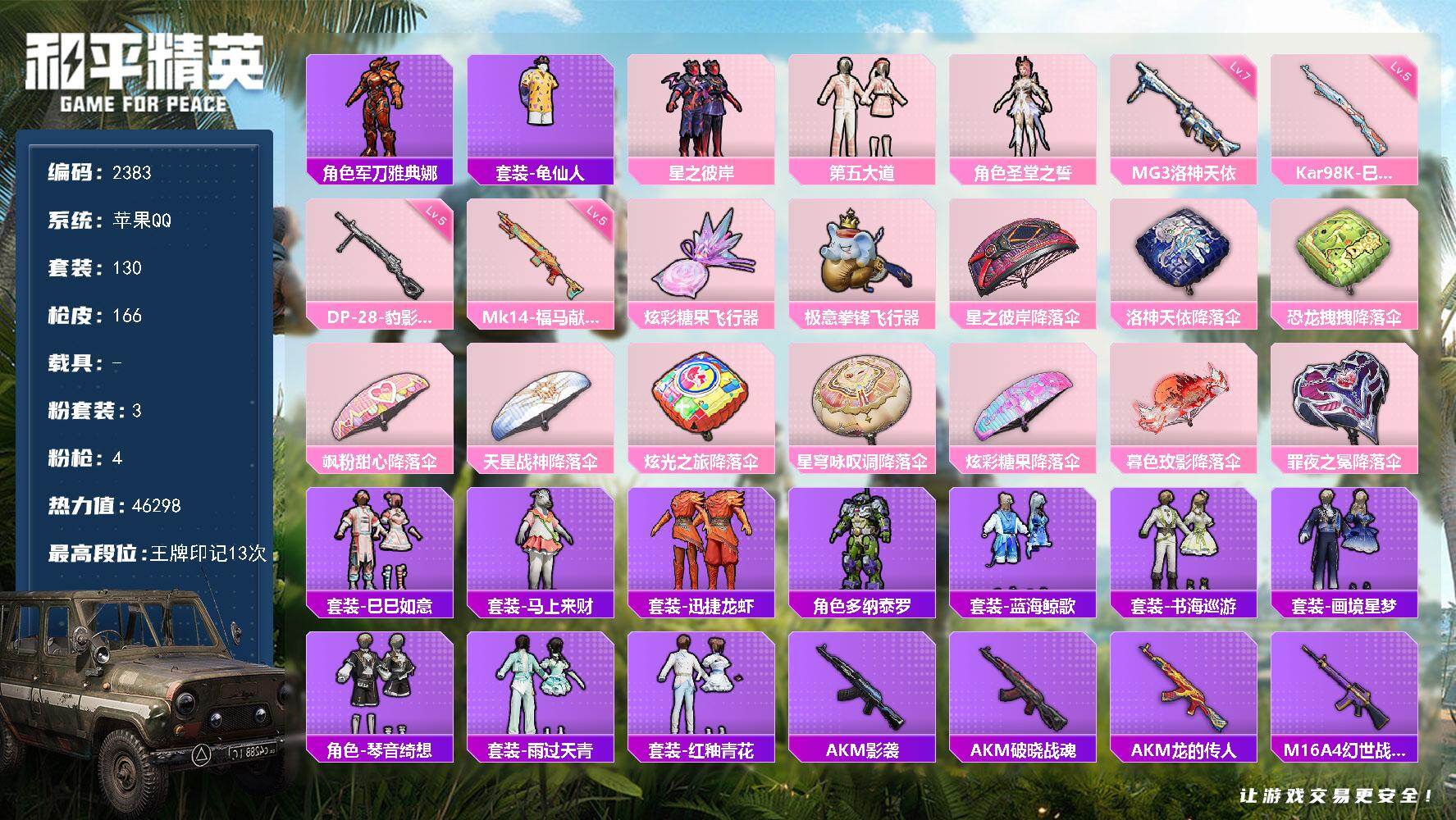 和平精英账号苹果QQ【2383】【精品号·3粉装·4特效枪·星之彼岸·第五大道·圣堂之誓·满级MG3-洛神天依·地铁满天
