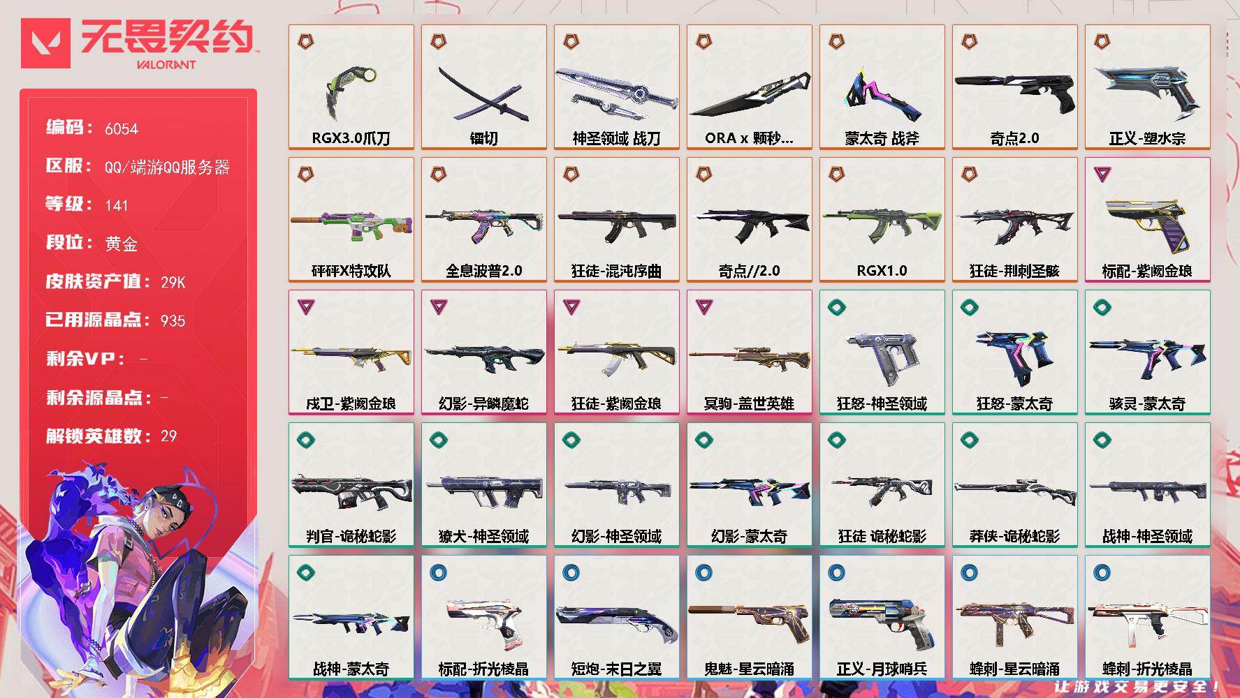 无畏契约账号QQLV等级141/皮肤总价值29810/段位黄金/总皮肤数量62/刀皮数量5/枪皮数量57/具体详情请看图/幻棱/炼狱/维斯/暮蝶/钛狐/壹决/铁臂/捷风/雷兹/幽影/不死鸟/贤者/猎枭/蝰蛇/零/芮娜