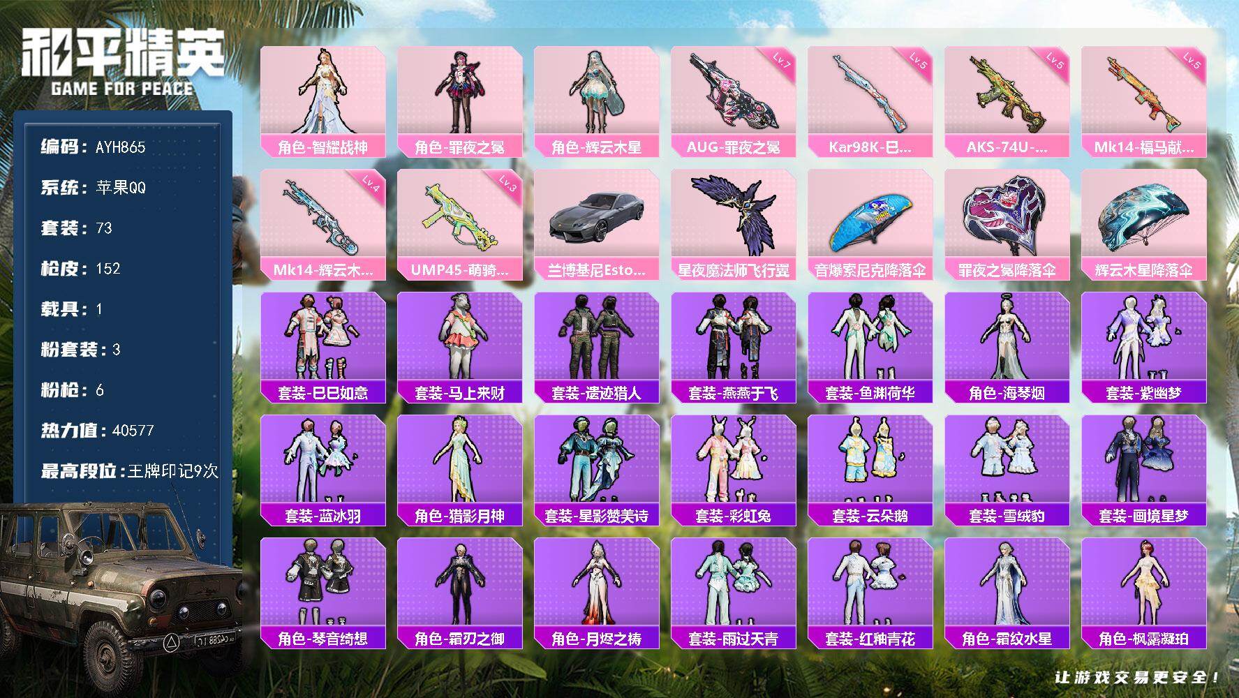 和平精英账号苹果QQ苹果 手Q-3粉装-6特效枪-1载具-1粉色飞行器-40577热力值-9王牌印记-73套装-152枪皮
【粉色套装】：角色-智耀战神，角色-罪夜之冕，角色-辉云木星
【粉色枪皮等级】：AUG-罪夜之