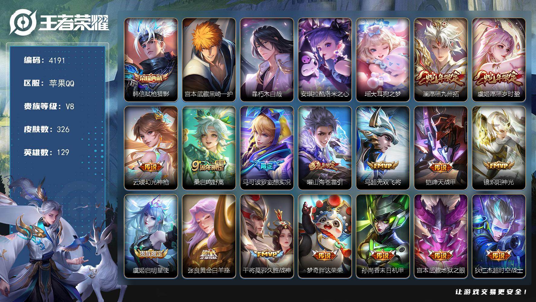 王者荣耀账号苹果QQ【4191】【V8·特价出售极品男神号苹果区·326皮1典藏4珍品传说16质量传说21按键·弑枪猎影