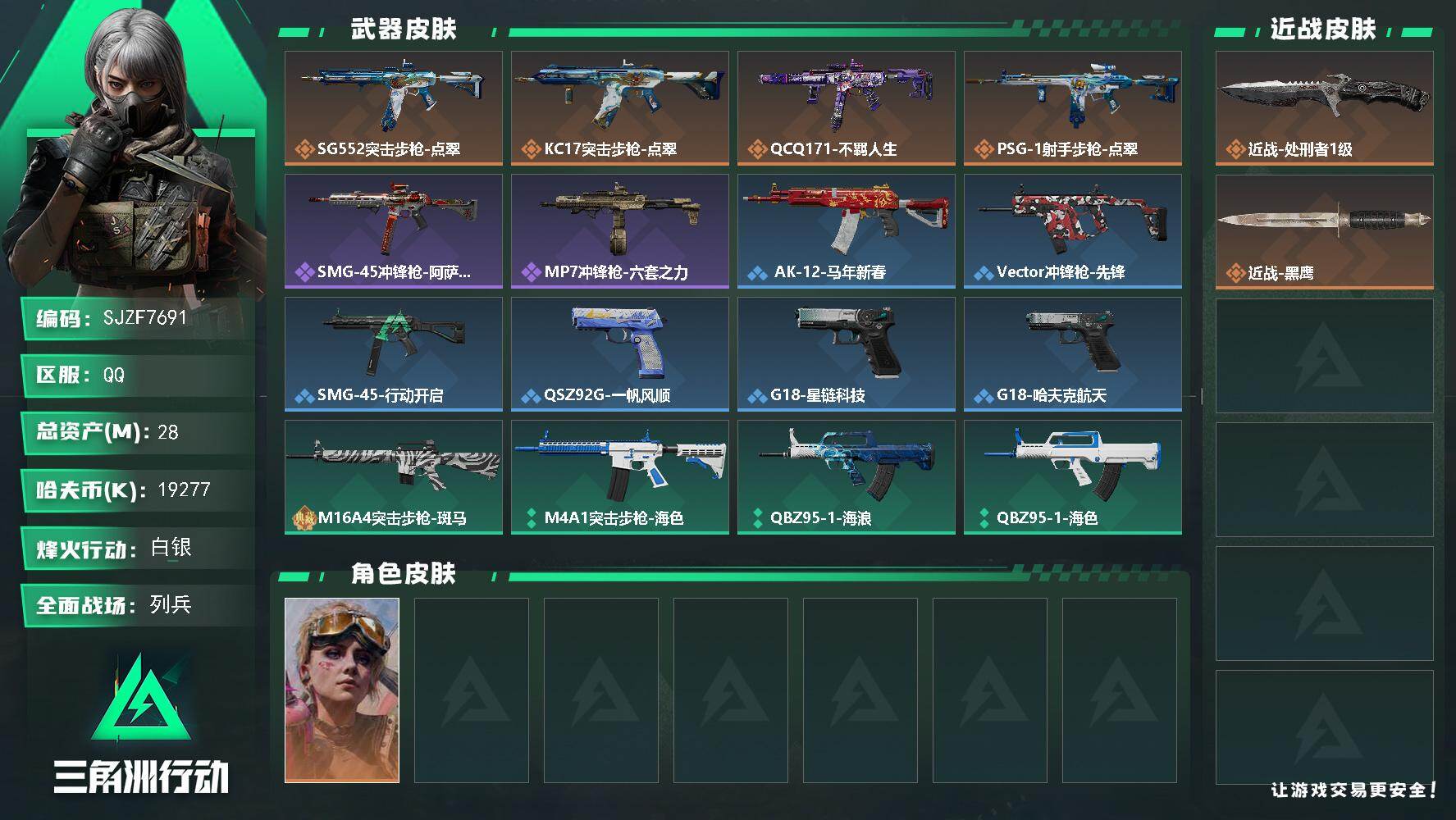 三角洲行动账号QQ【SJZF7691】总资产28M/哈夫币1927万/传说近战数1/传说枪皮数4/战场等级18/行动等级60/安全箱等时效性道具以游戏内数据为准，详情请看图/蛊-不羁人生/近战-处刑者1级/近战-黑鹰