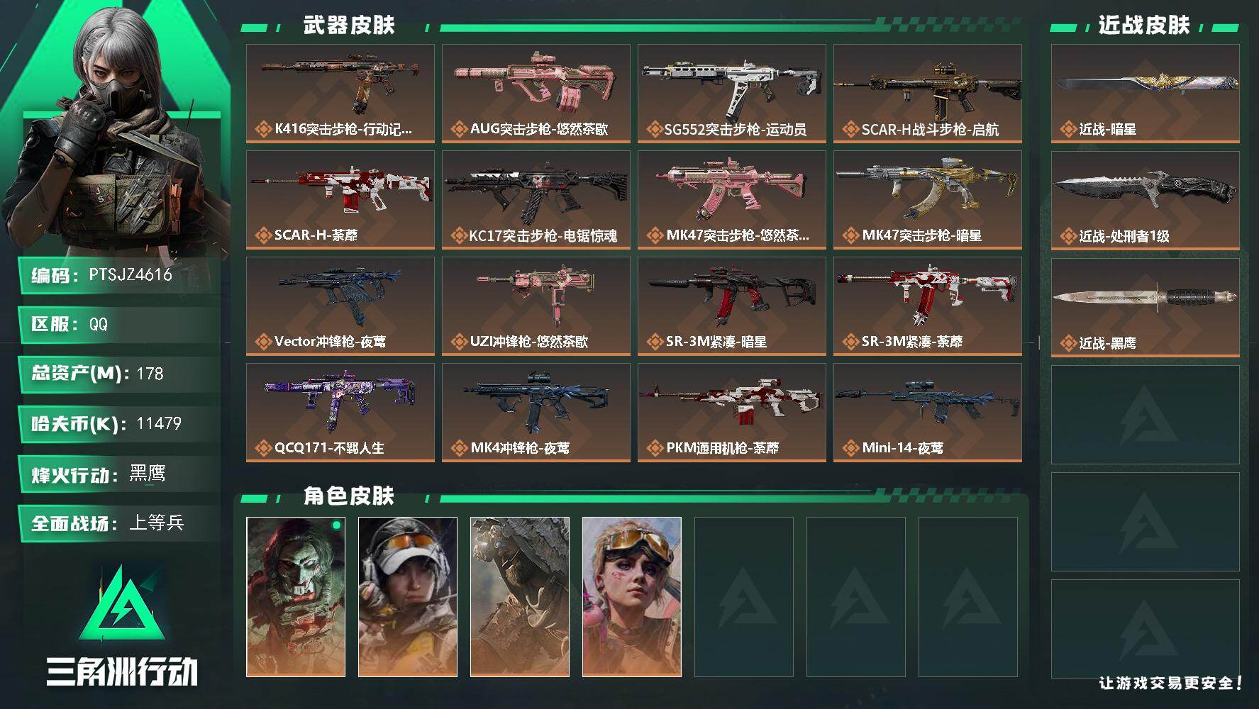 三角洲行动账号QQ【PTSJZ4616】总资产178M/哈夫币1147万/传说近战数1/传说枪皮数21/战场等级27/