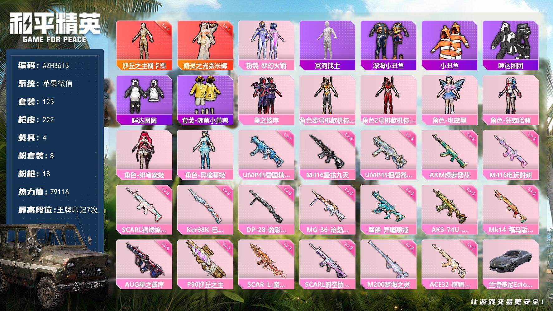 和平精英账号苹果微信【AZH3613】苹果 微信【一级图卡盟一级露米娜 木乃伊红螳螂黄螳螂梦幻火箭 满级雪国精灵UMP4