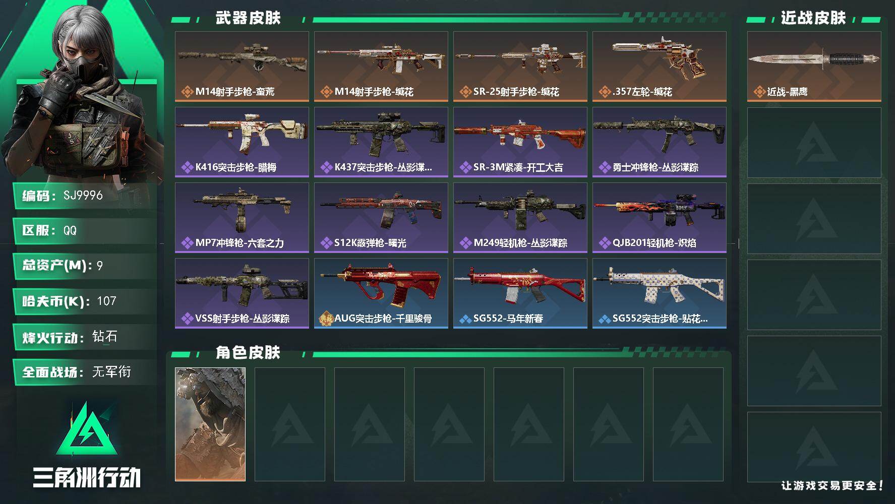 三角洲行动账号QQ【SJ9996】总资产9M/哈夫币10万/传说枪皮数4/战场等级1/行动等级36/安全箱等时效性道具以游戏内数据为准，详情请看图/乌鲁鲁-荒原猎手/近战-黑鹰/M14射手步枪-蛮荒/M14射手步枪-
